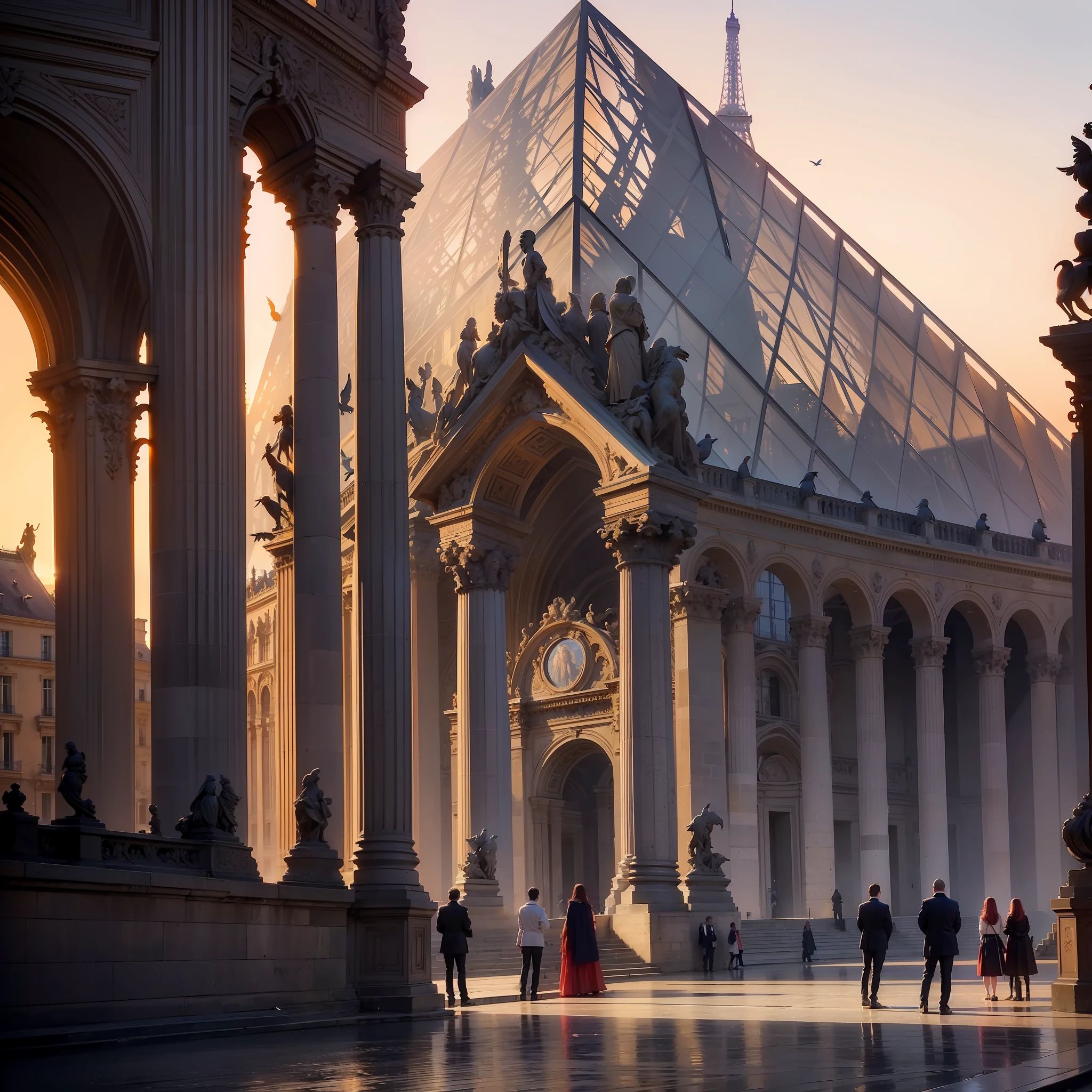 (Description: Beautiful Late Afternoon + at the Louvre in Paris, Sunset Street), (Paris style + French architecture), (High Quality + Best Lighting), (Beautiful Sunset) (blue / orange / red sky + birds), (Dynamic angles + continuous path), (Nostalgic + memory style + twilight), (main frame: street + building) +( empty streets, no people and no cars, just the beautiful architecture of Paris for contemplation)+(feeling of peace and tranquility).