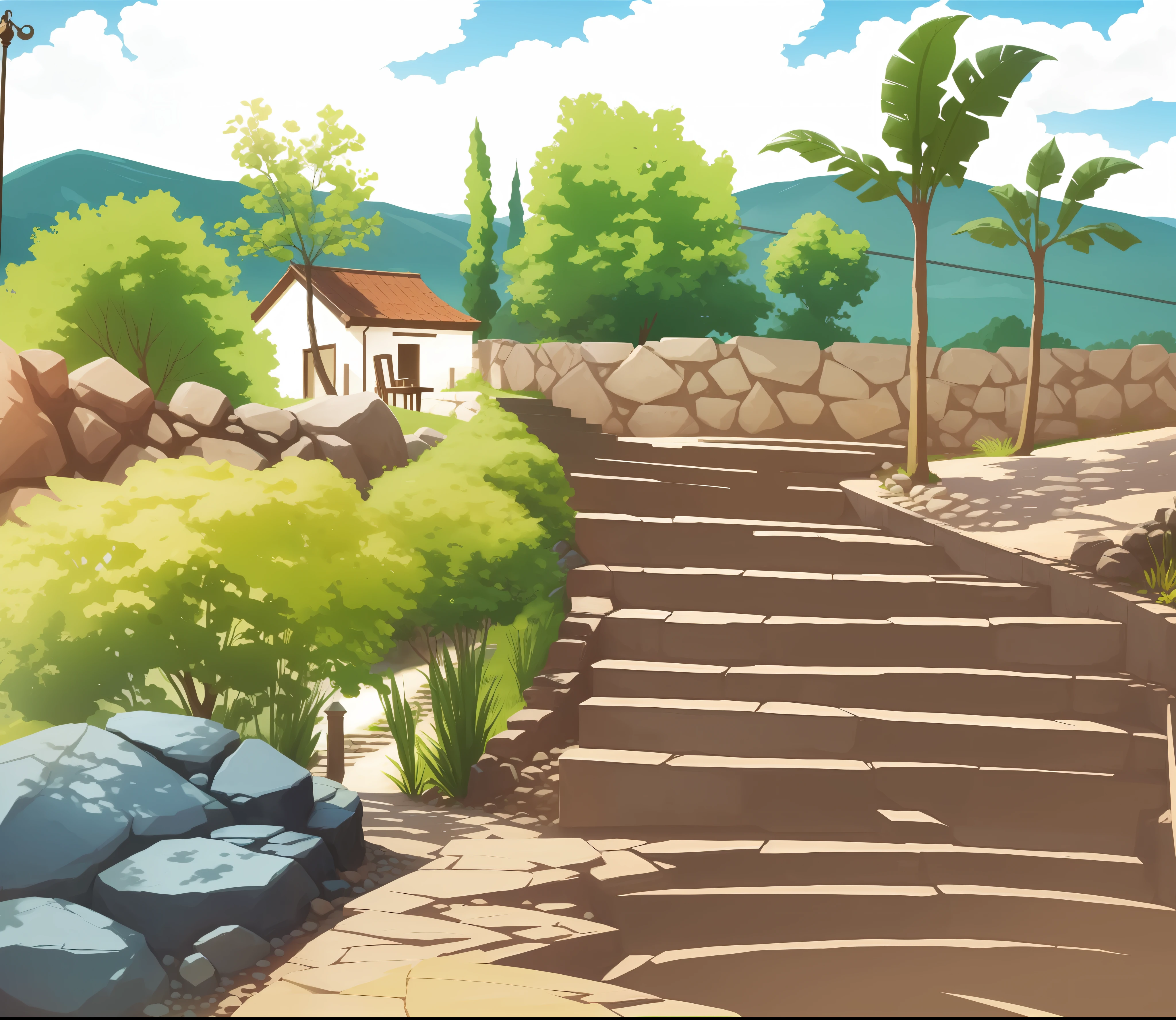 Beautiful garden, sunny day, clouds, many tree and plant, Stone steps, mountain background, digital art. Artstation.