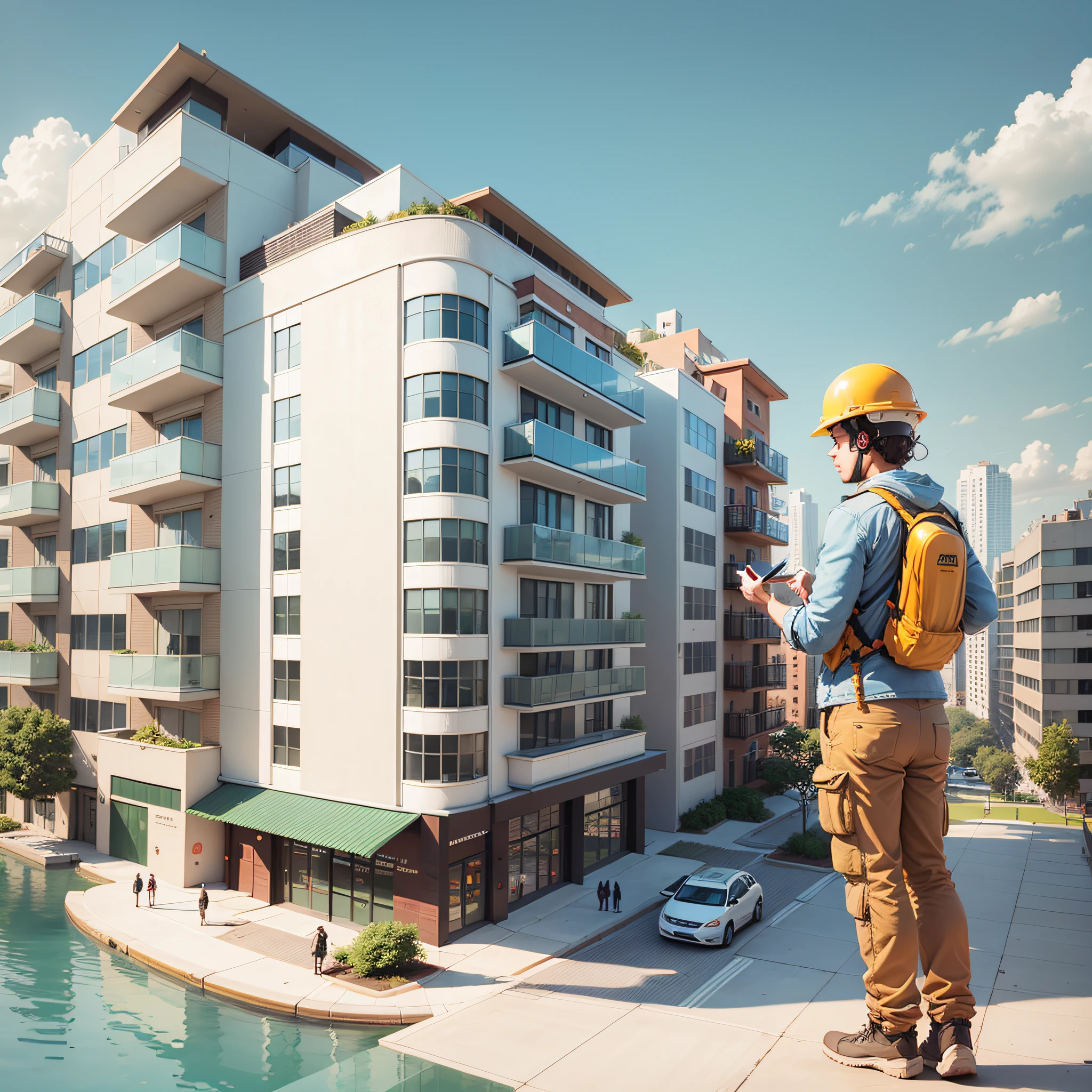 Create a detailed illustration of the façade of a condominium, with a civil engineer in a helmet in front of the building --auto --s2
