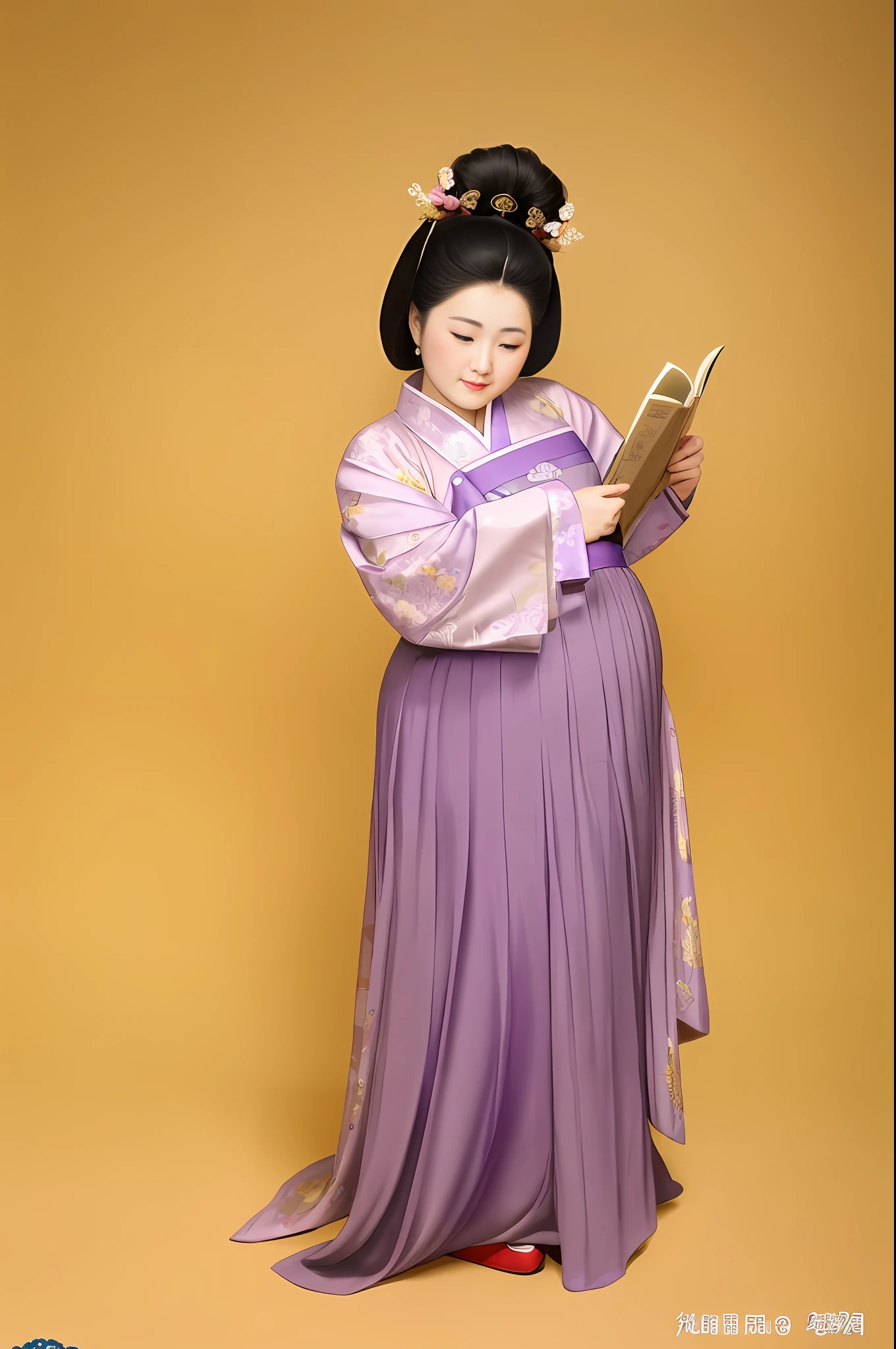 araffe woman in a purple dress holding a book and a book, inspired by Emperor Huizong of Song, inspired by Tang Di, with acient chinese clothes, wearing ancient chinese clothes, tang dynasty, tang mo, a portrait of a plump woman, by Wang Hui, beautiful render of tang dynasty, by Fei Danxu, xue han