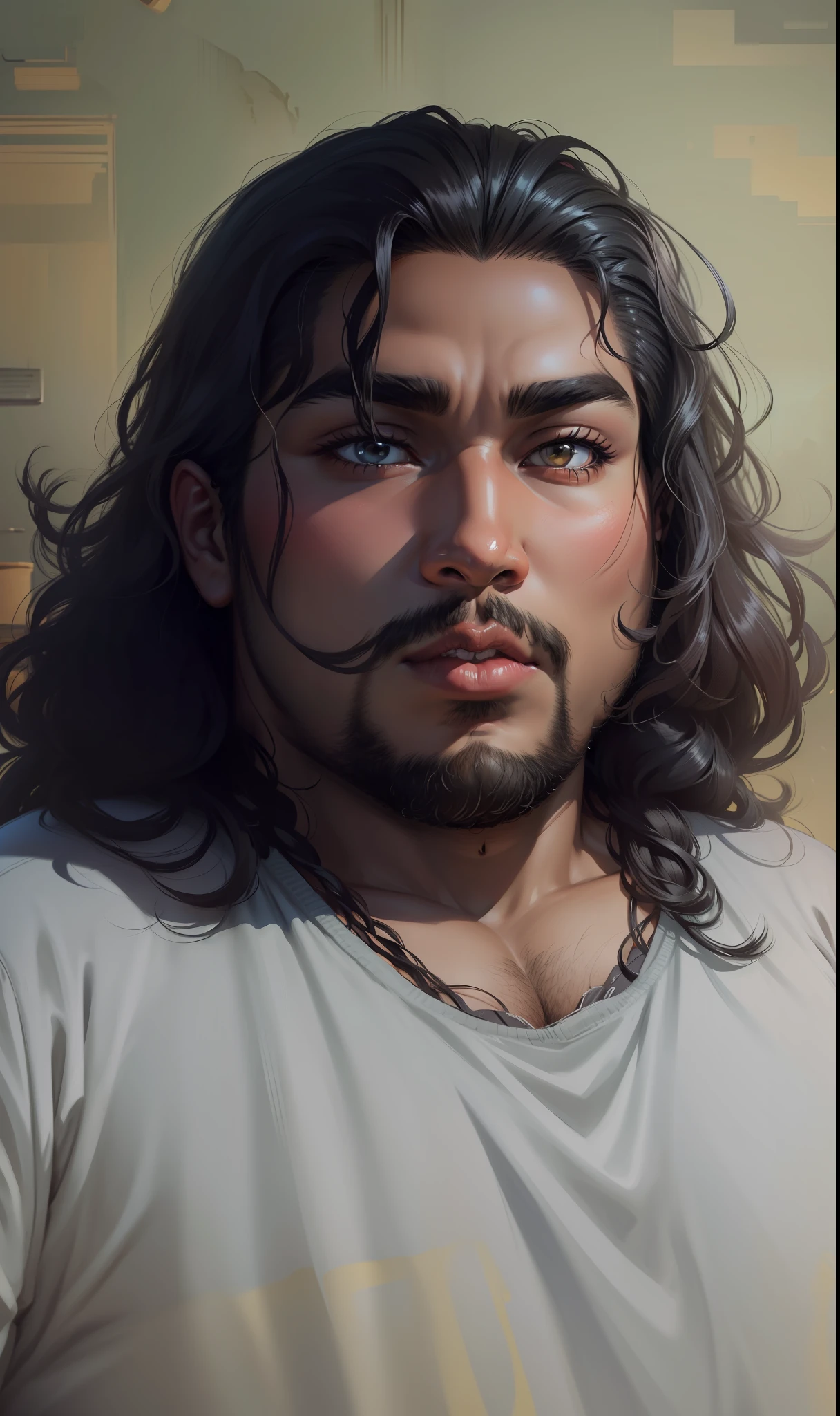 (8k, best quality, illustration, portrait, 19 year old fat man, black skin, long hair) anime art style