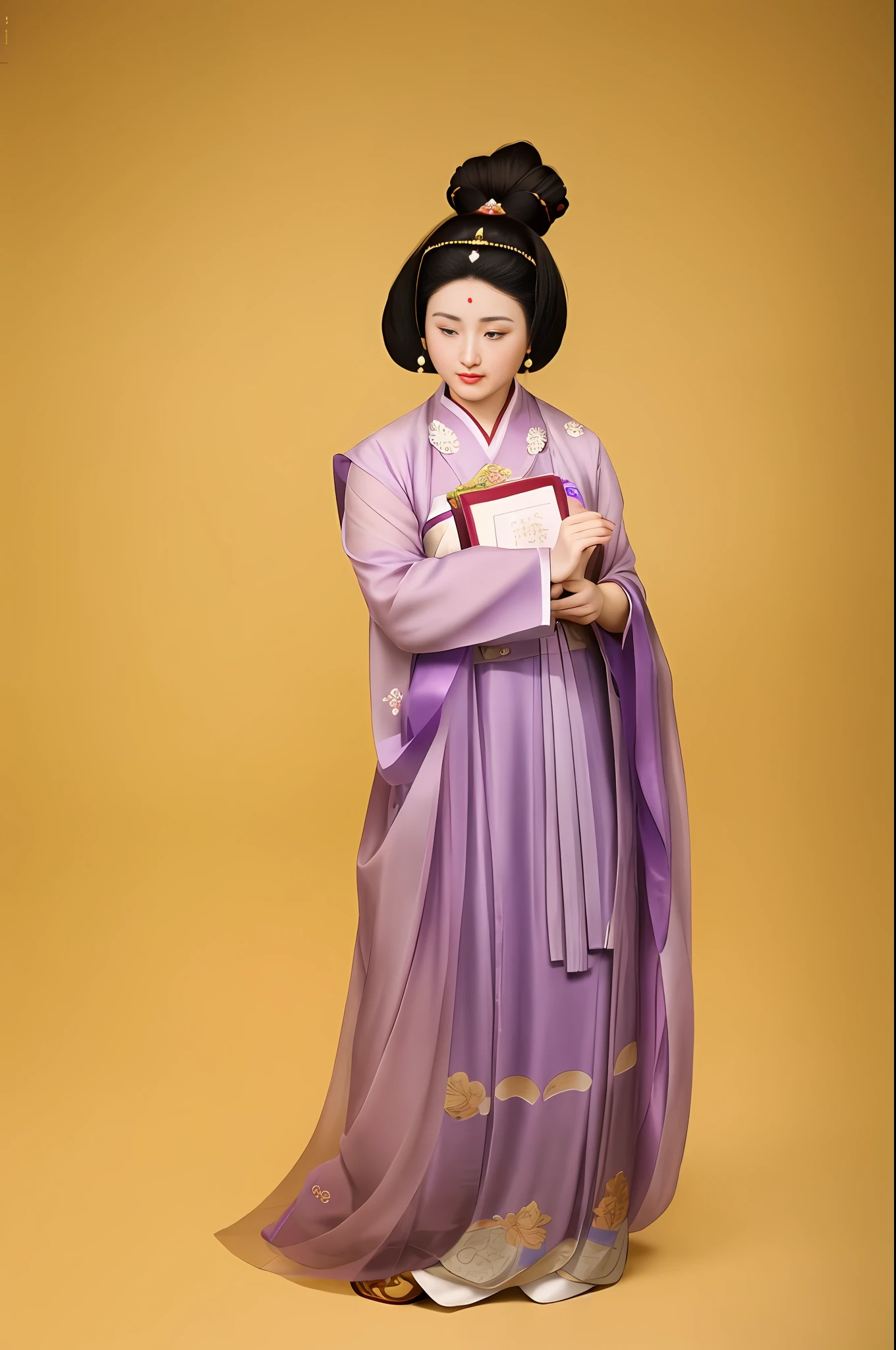 araffe woman in a purple dress holding a book and a book, inspired by Emperor Huizong of Song, inspired by Tang Di, with acient chinese clothes, wearing ancient chinese clothes, tang dynasty, tang mo, a portrait of a plump woman, by Wang Hui, beautiful render of tang dynasty, by Fei Danxu, xue han