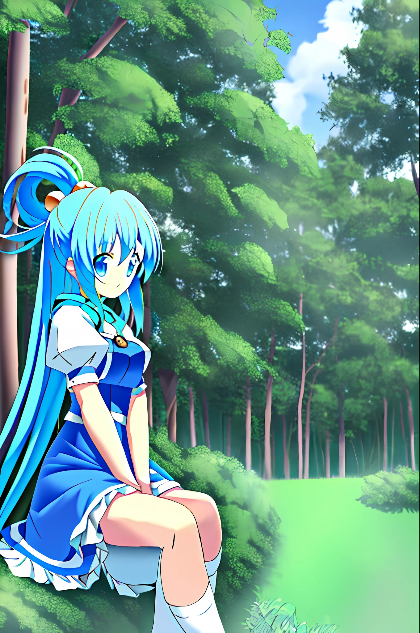 Aqua_konosuba, 1girl, blue hair, long hair, blue eyes, white dress, forest, sitting