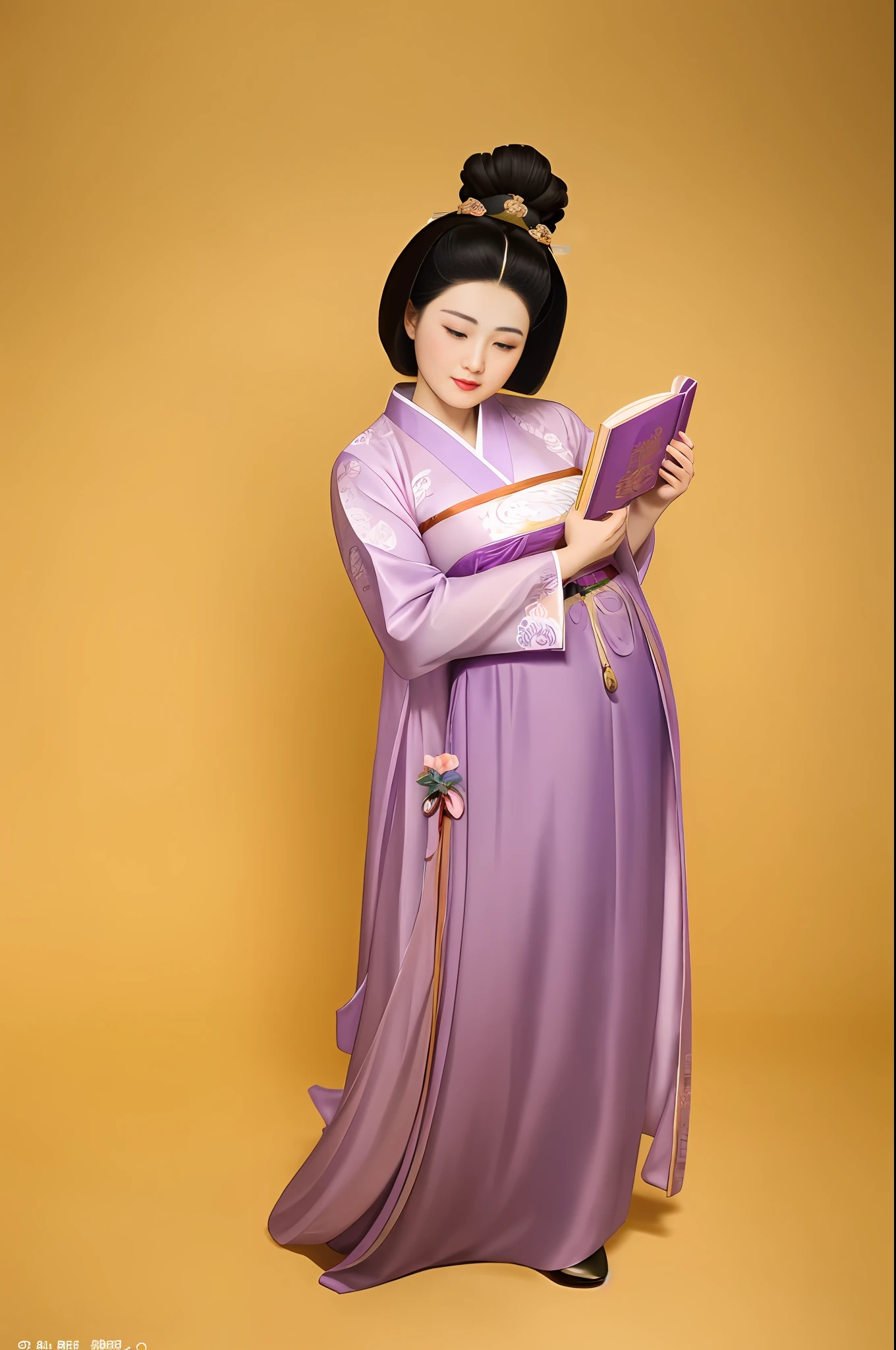 araffe woman in a purple dress holding a book and a book, inspired by Emperor Huizong of Song, inspired by Tang Di, with acient chinese clothes, wearing ancient chinese clothes, tang dynasty, tang mo, a portrait of a plump woman, by Wang Hui, beautiful render of tang dynasty, by Fei Danxu, xue han