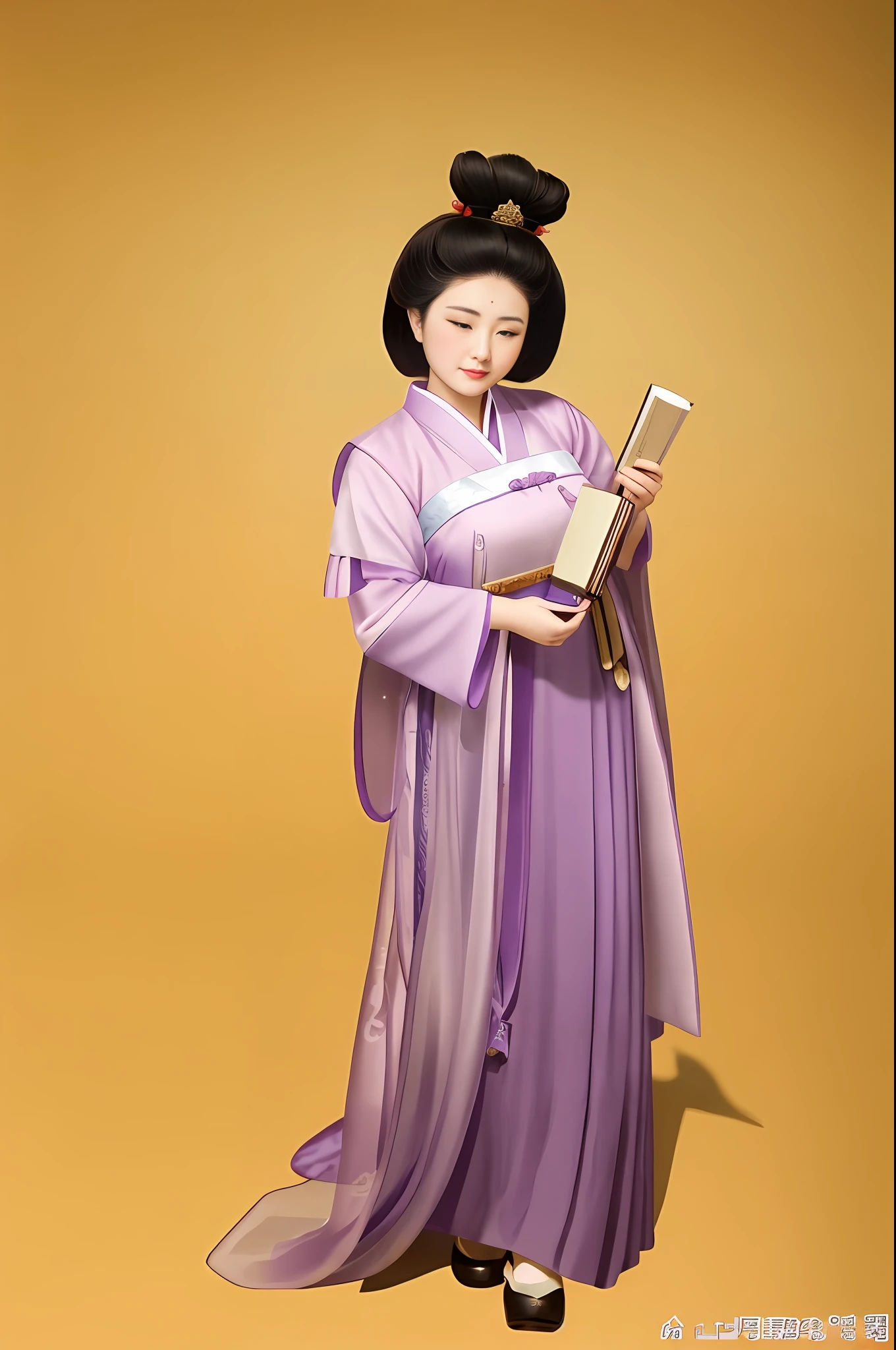 araffe woman in a purple dress holding a book and a book, inspired by Emperor Huizong of Song, inspired by Tang Di, with acient chinese clothes, wearing ancient chinese clothes, tang dynasty, tang mo, a portrait of a plump woman, by Wang Hui, beautiful render of tang dynasty, by Fei Danxu, xue han