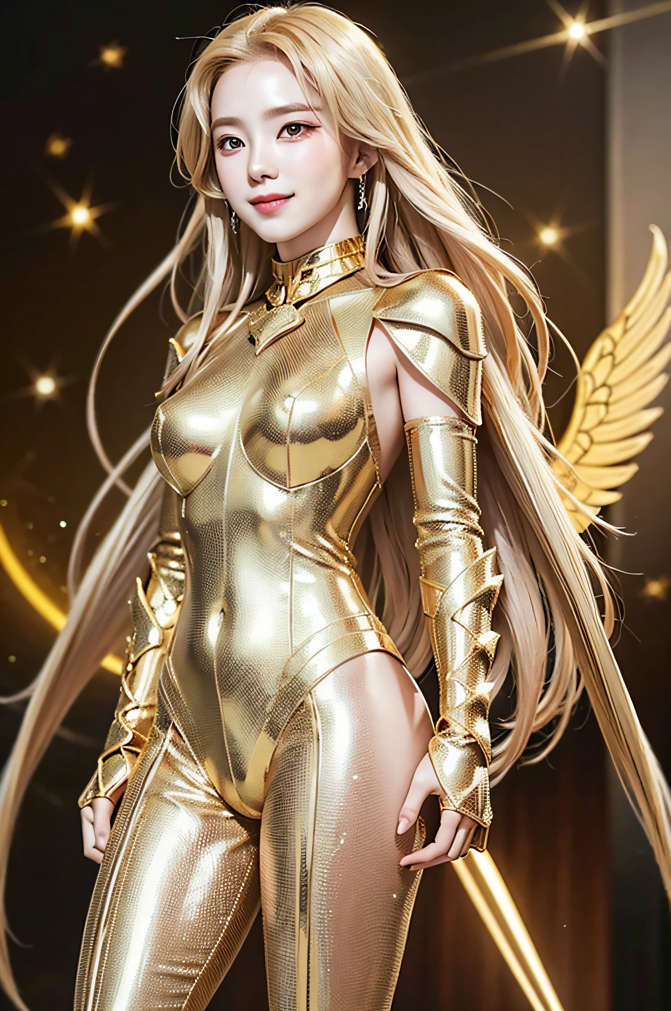 Golden diamond armor, long blonde hair, golden pupils, golden light background, golden transparent wings, diamond texture, smiling, golden eyes, flashing golden notes around, maiden, golden starlight, dazzling