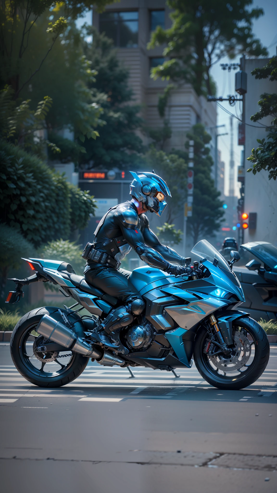 Cyber Man Warrior and Cyber Mechanical Motorcycle, Nousr, Biomechanics, MSHN Robot Man, high-tech helmet, surreal, steel, intricate design, crazy details, fine details, extremely clear lines, cinematic lighting, photo realistic, detailed masterpiece