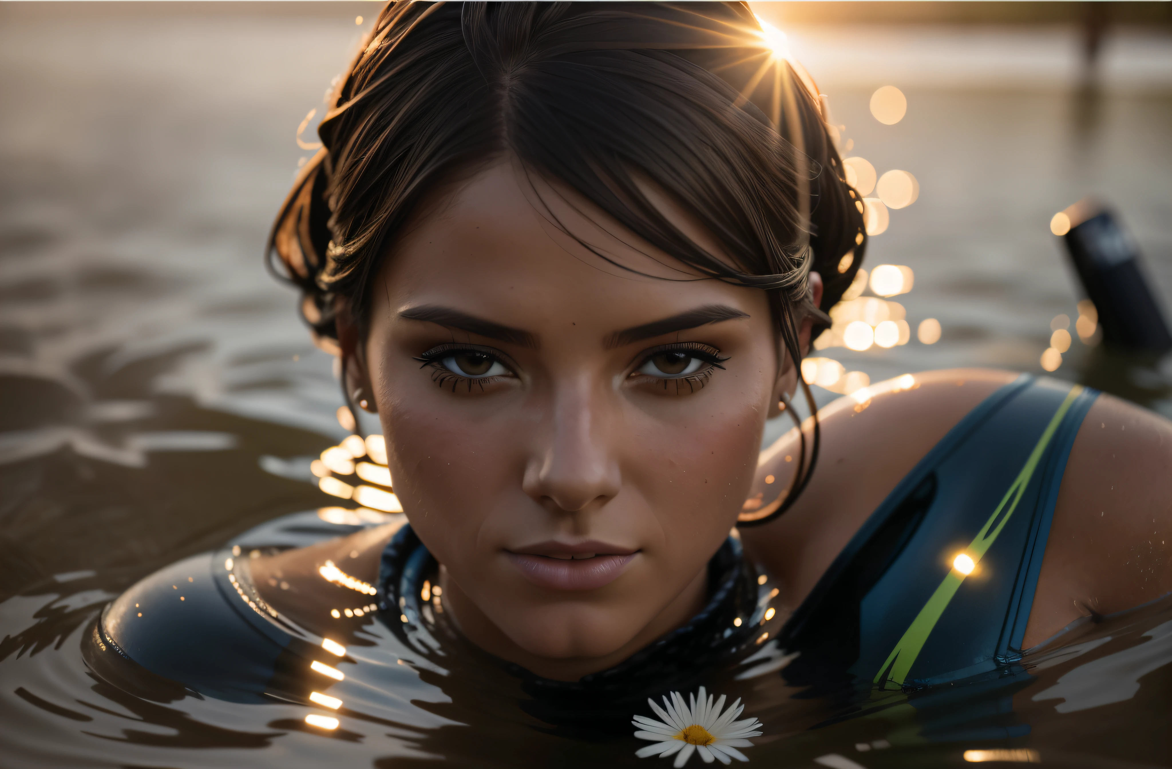 A closeup of a woman in a graffiti wetsuit close-up portrait of a beautiful woman (gldot) bathing in a river, reeds, (backlight), realistic, masterpiece, high quality, lens reflection, shadow, flower, [[chromatic aberration]], by Jeremy Lipking, by Antonio J. Manzanedo, digital painting,