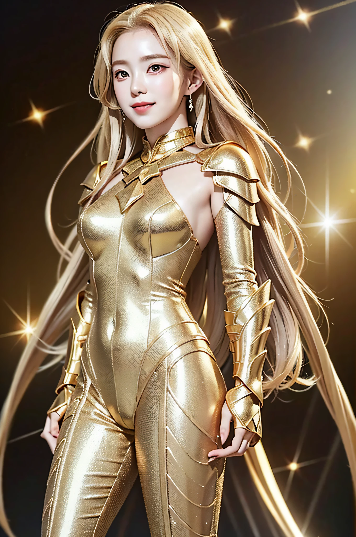 Golden diamond armor, long blonde hair, golden pupils, golden light background, golden transparent wings, diamond texture, smiling, golden eyes, flashing golden notes around, maiden, golden starlight, dazzling