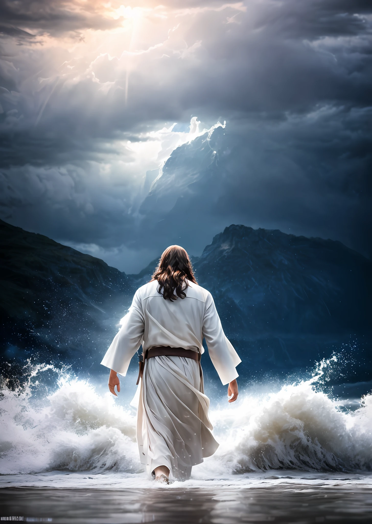 Jesus walking on water in a storm, gentle expression, streaks of light coming down from the sky, masterpiece, highest quality, high quality, highly detailed CG unit 8k wallpaper, award-winning photos, bokeh, depth of field, HDR, bloom, chromatic aberration, realistic, very detailed, trending at artstation, trending at CGsociety, complex, high detail, dramatic, mid-journey art, volumetric lighting