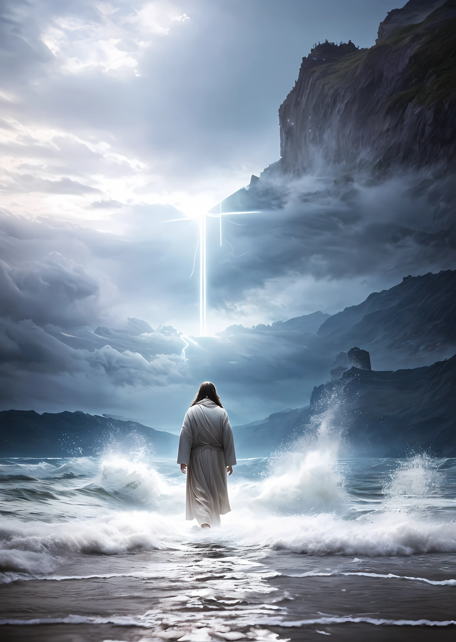 Jesus walking on water in a storm, gentle expression, streaks of light coming down from the sky, masterpiece, highest quality, high quality, highly detailed CG unit 8k wallpaper, award-winning photos, bokeh, depth of field, HDR, bloom, chromatic aberration, realistic, very detailed, trending at artstation, trending at CGsociety, complex, high detail, dramatic, mid-journey art, volumetric lighting