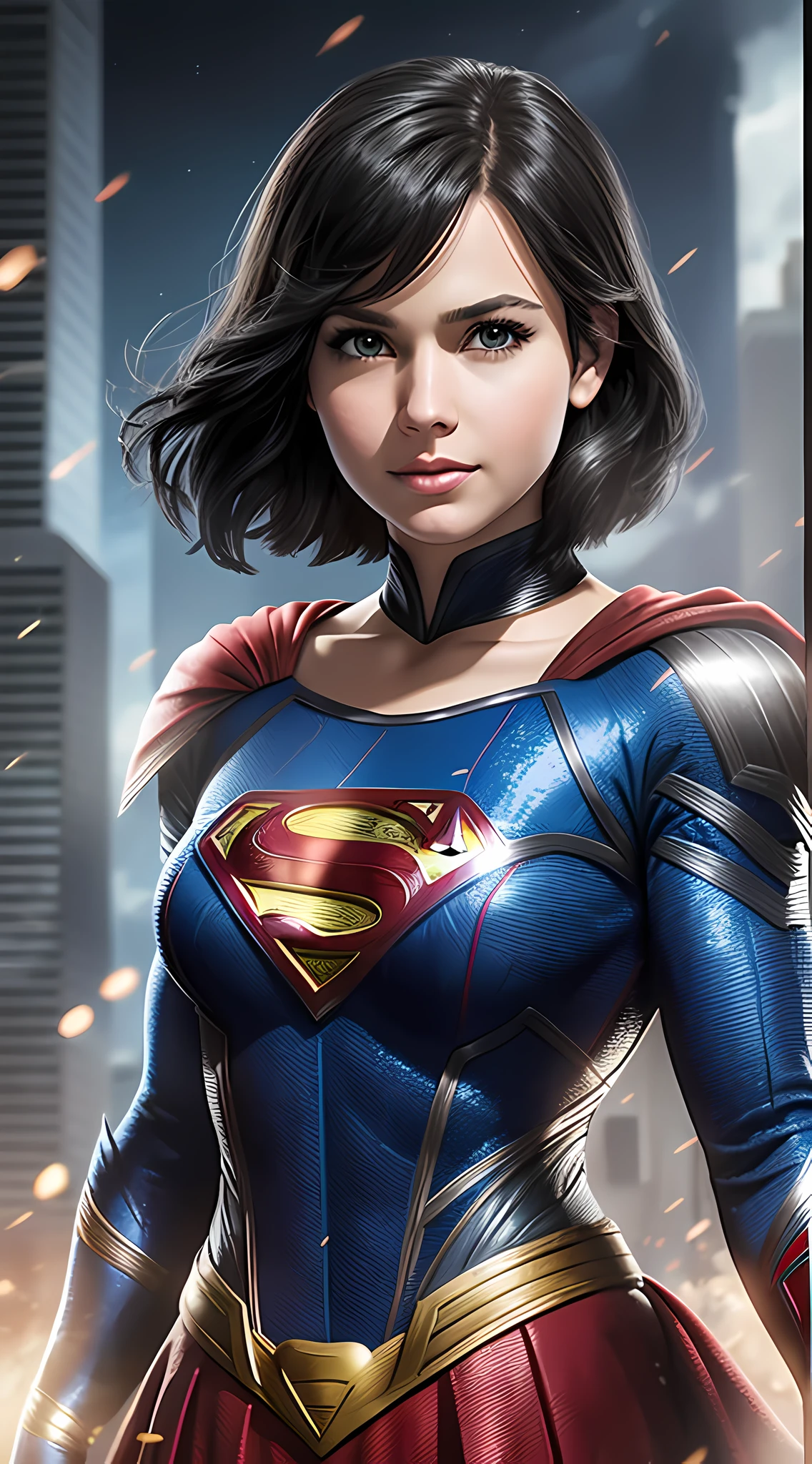 As Kal-El's daughter, she has pixie bob black hair and blue eyes from her father Superman. She wears several different versions of Supergirl's traditional costume throughout her superheroes.