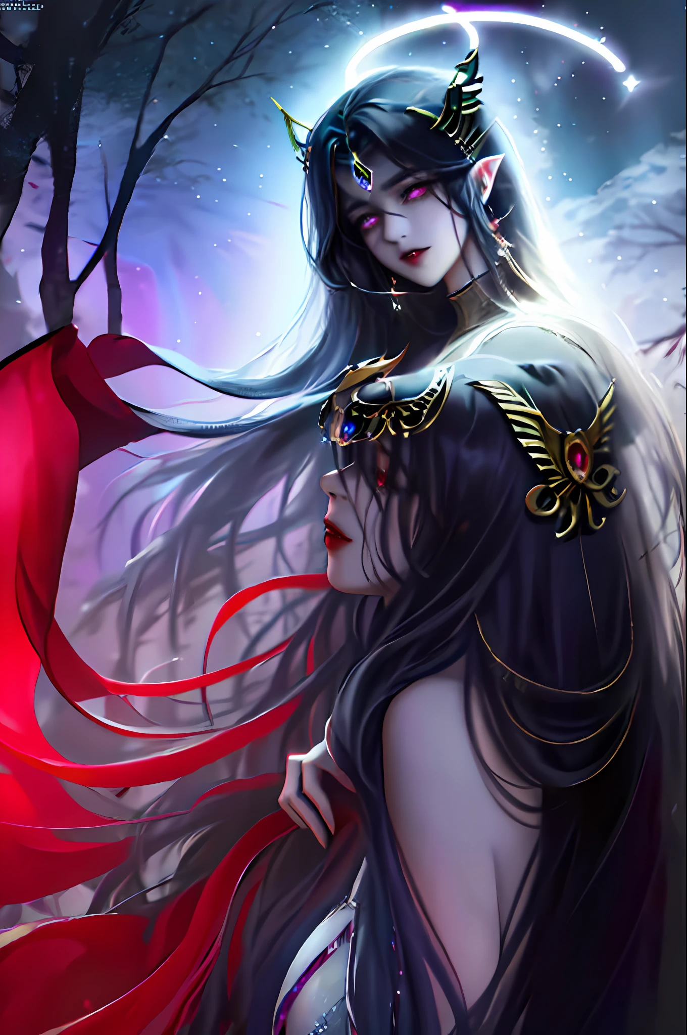 Vampires are mysterious and enchanting beings in people's hearts. ((Ultra High Quality)), it is a very tense image, ((Highlight effect + halo + light smoke)) + (Ultra HD + Ultra Detail) lens, it stands in the dark night, dead trees accompanied by the background. The slender figure, red long skirt, crimson eyes give people a strange feeling, hair is dark and shiny, shining with a strange light, ((beautiful posture)), and the hand is light (vintage earrings/batwings/aurora halo/vine) and other accessories with details, which looks elegant and mysterious. ((global low saturation)) + ((dark tones + retro)) scenes, fully bring out the mystery, charm and deterrence of the existence of vampires.