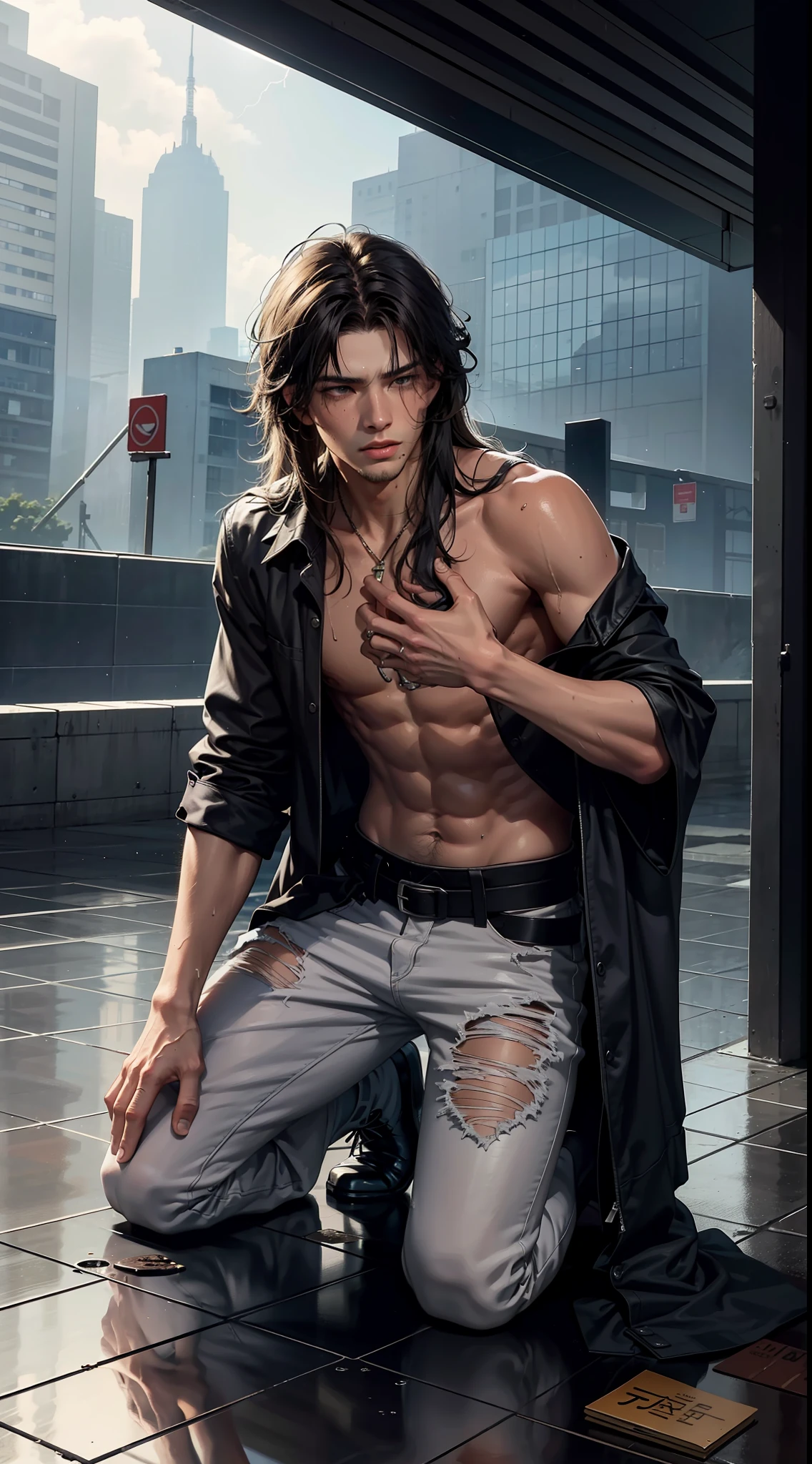Best Quality, Masterpiece, Ultra High Resolution, (Fidelity: 1.4), Photos, 1 Handsome Long Hair (((Boy)))), Dim, Darkness, Lightning, Despair, Pathese, Movie, Tears, Teardrops, ((Men)), (Torn Clothes: 1.5), (Wet Clothes: 1.4), Kneeling on the Ground, Saving Yourself, Biting Lower Lip, Bare Shoulders, Real Rain, Wet Hair, (((Men)))