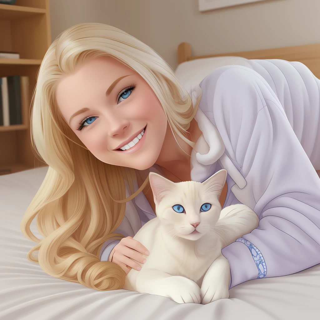cartoon,white woman,blonde,blue eyes,sexy,kitten pajamas,bedroom, smiling --auto --s2