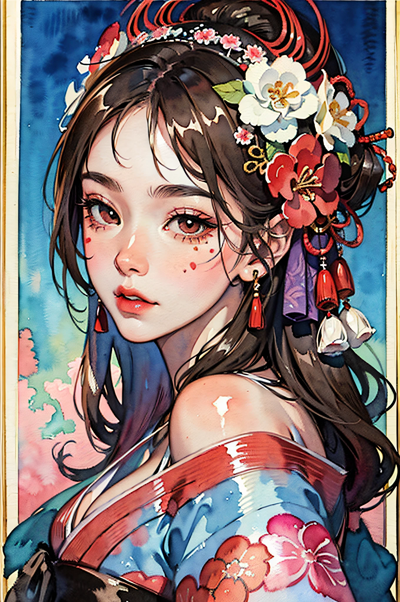 (masterpiece:1.2, best quality), (very detailed face, real picture, realistic skin, realistic body, intricate details), solo, 1milf, casual,ukiyo-e, (Watercolor:1.3), Oiran,