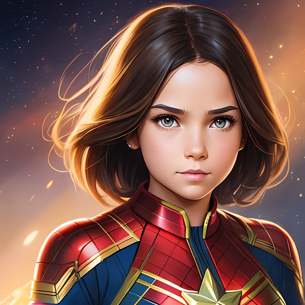 a  with short, straight brown hair. She's dressed as Captain Marvel, a superhero. Clean elegant painting, beautiful detailed face. By Artgerm and Greg Rutkowski --auto --s2