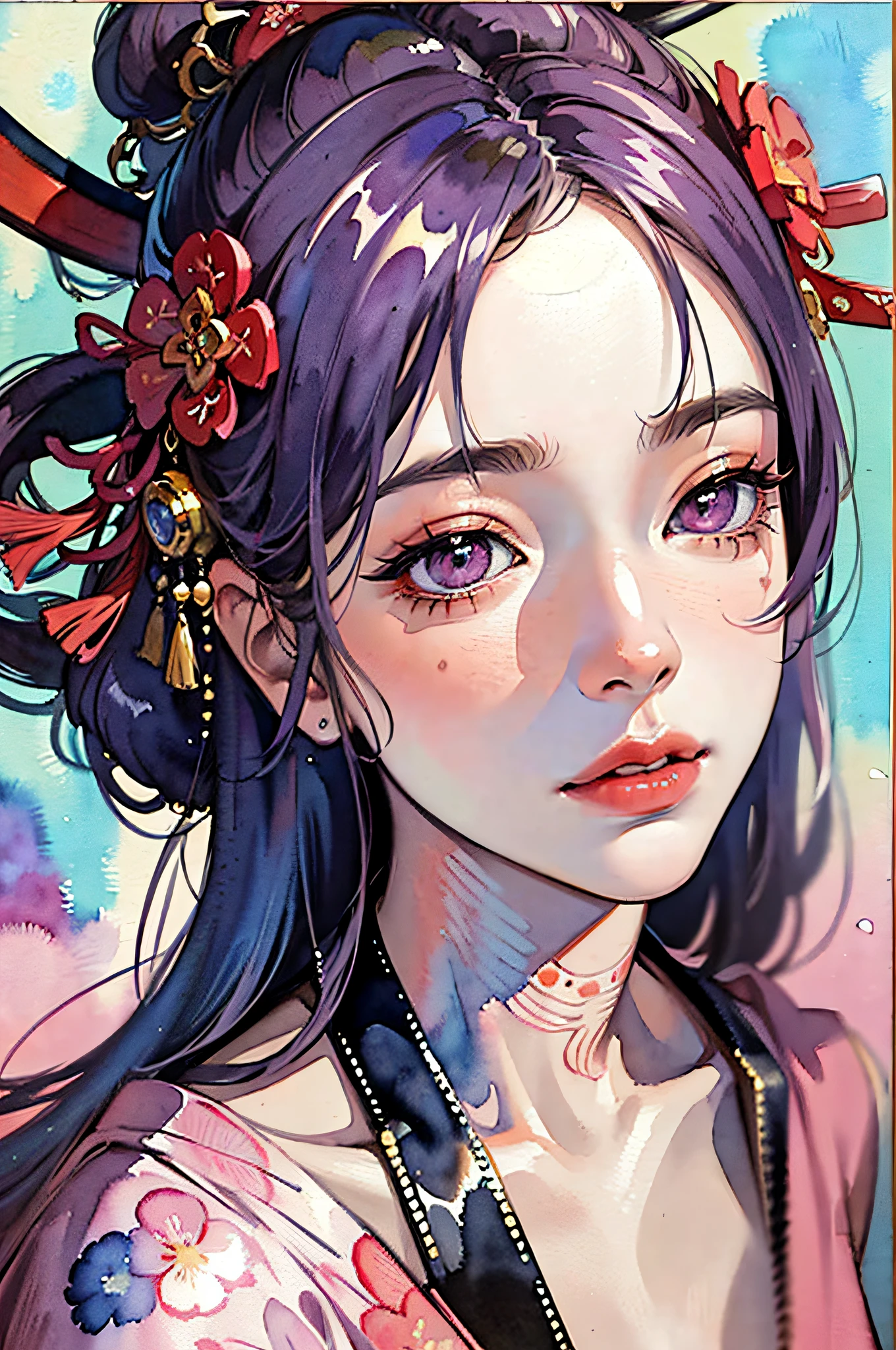 (masterpiece:1.2, best quality), (very detailed face, real picture, realistic skin, realistic body, intricate details), solo, 1milf, casual,ukiyo-e, (Watercolor:1.3), Oiran,