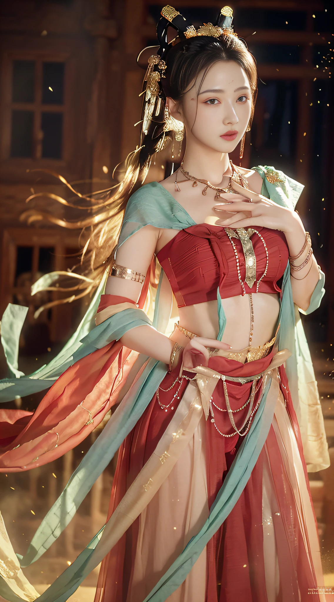 (8k, RAW photo, best quality, masterpiece:1.2), (realistic, photo-realistic:1.4), (extremely detailed CG unity 8k wallpaper), (1 girl:1.5), Western beauty, (Red clothes: 1.4), red spots on forehead, pale skin, blush, big eyes, full body, thighs, open navel, gold waist chain, gold jewelry, flying ribbons, particles, background is Loulan ancient city, ancient city wall, desert, dance, dunhuang_dress, dunhuang_style,