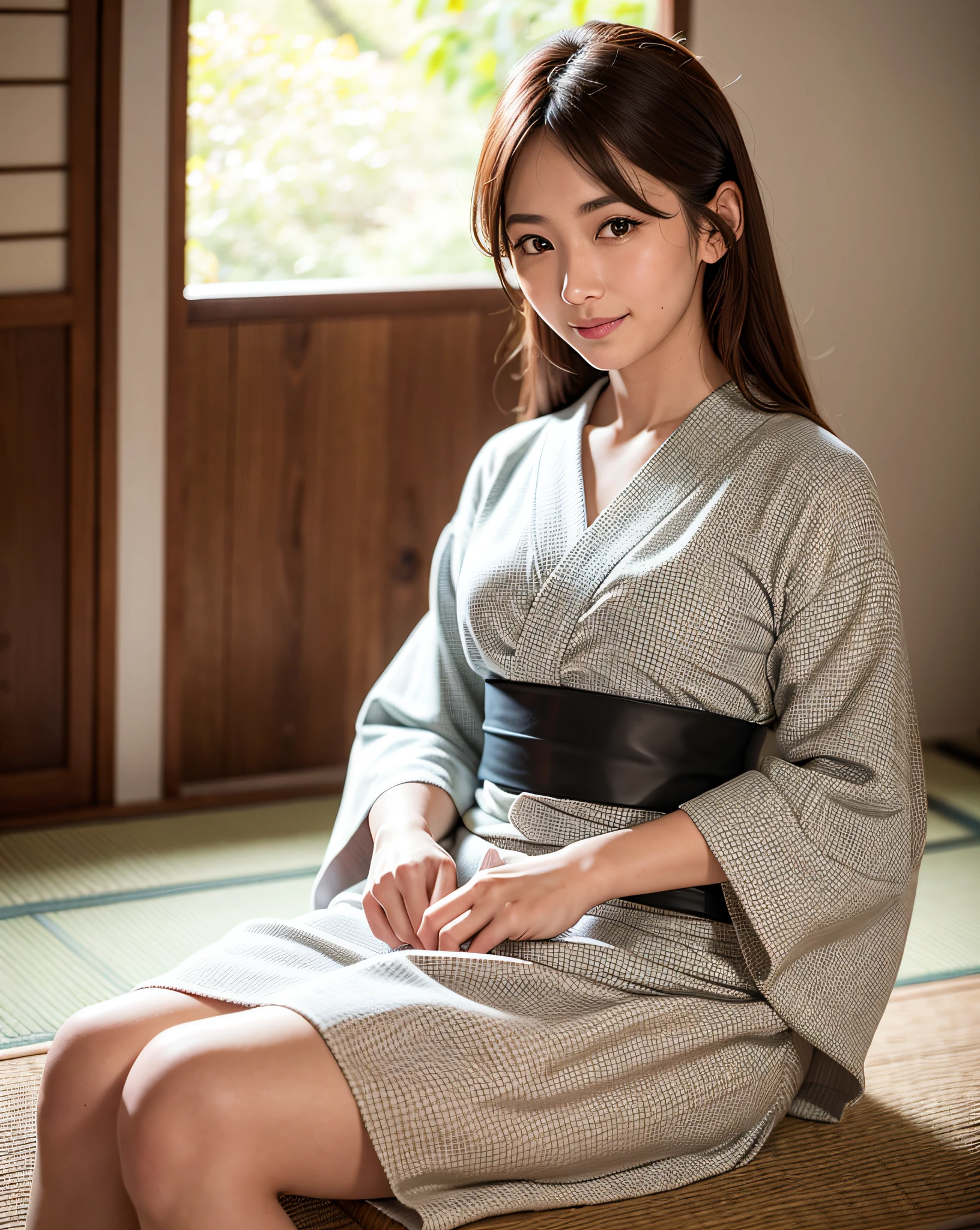 Top Quality, Face Focus, (Depth of Field), Ultra High Resolution, (Photorealistic: 1.4), RAW Photography, Japanese Room, Alcove, Hanging Scroll, (Portrait: 1.4), Japan Women, 28 years old, Solo, Smile, (Brown Eyes), Natural Face, (Midi Hair), (Yukata: 0.5), Long legs with beautiful chest, beautifully crossed,