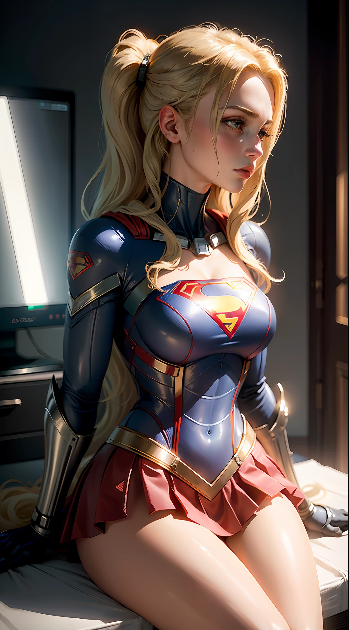 ultra detailed complex 3d rendering of a gorgeous profile of a supergirl porcelain android face, cyborg, robotic parts, 150 mm, beautiful soft studio light, rim light, vibrant details, luxurious cyberpunk, lace, hyper-realistic, anatomical, facial muscles, electrical cables, microchip, elegant, beautiful background, octane rendering, HR Giger style, 8k, best quality, Supergirl masterpiece, illustration, extremely delicate and beautiful, blonde with long hair, extremely detailed, CG, unit, wallpaper, (realistic, photorealistic: 1.37), amazing, finely detailed, masterpiece, best quality, official art, 8k unit wallpaper CG extremely detailed, absurd, incredibly absurd, robot, silver helmet, full body, sitting, superman symbol S on the chest, in action.
