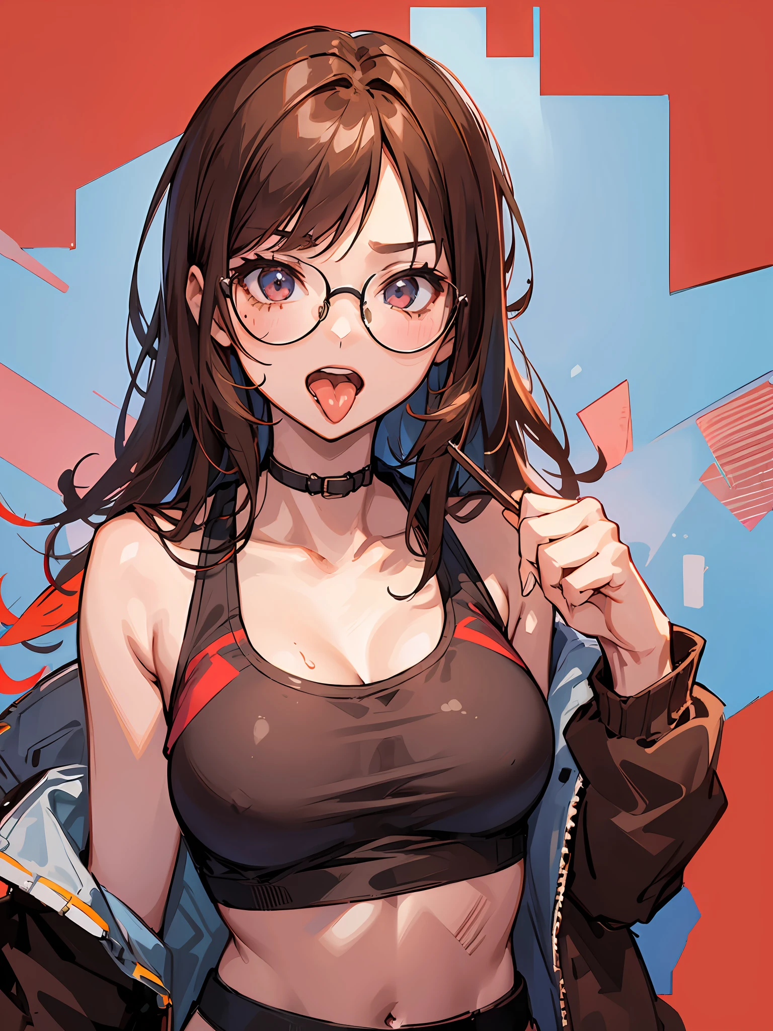 (((1girl))), hands up, brown long hair, tank-top, jacket, open shoulder, cowboy shot, bikini, glasses, medium breast, red background, open mouth, stick out her tongue out at viewers, flushed,