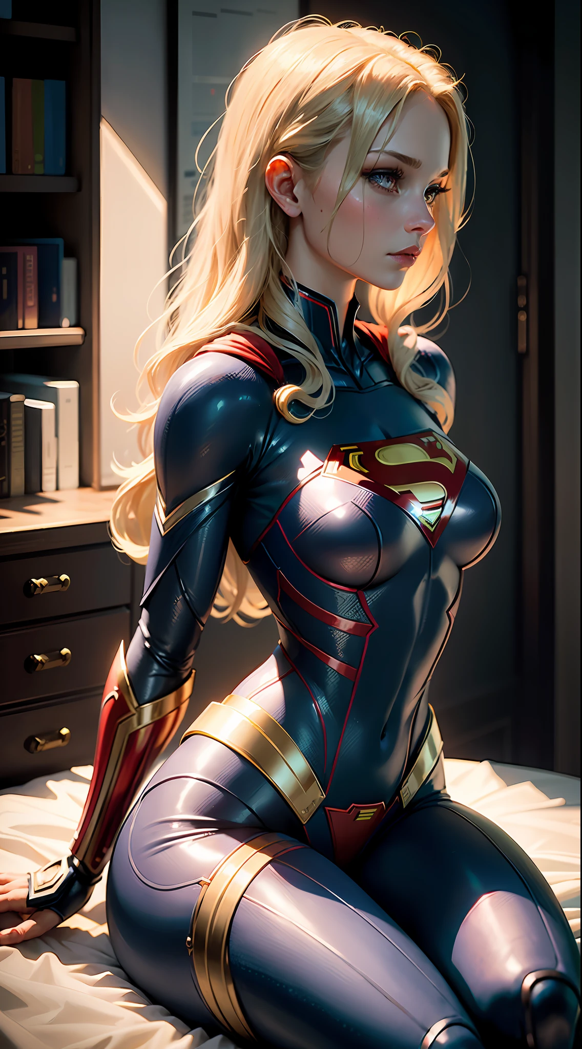 ultra detailed complex 3d rendering of a gorgeous profile of a supergirl porcelain android face, cyborg, robotic parts, 150 mm, beautiful soft studio light, rim light, vibrant details, luxurious cyberpunk, lace, hyper-realistic, anatomical, facial muscles, electrical cables, microchip, elegant, beautiful background, octane rendering, HR Giger style, 8k, best quality, Supergirl masterpiece, illustration, extremely delicate and beautiful, blonde with long hair, extremely detailed, CG, unit, wallpaper, (realistic, photorealistic: 1.37), amazing, finely detailed, masterpiece, best quality, official art, 8k unit wallpaper CG extremely detailed, absurd, incredibly absurd, robot, silver helmet, full body, sitting, superman symbol S on the chest, in action.