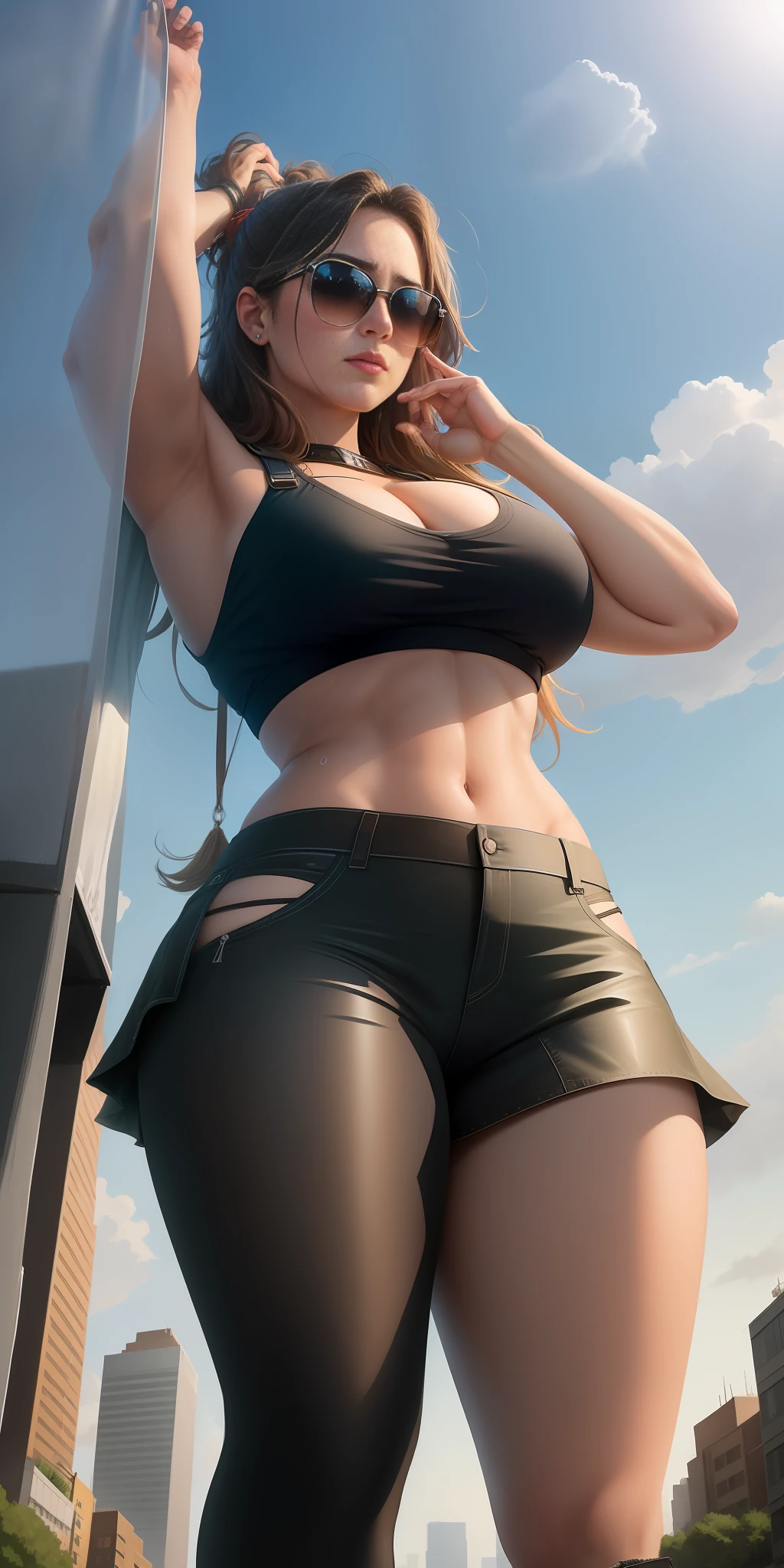 "An imposing Giantess in a hippie style hippie and laid-back is rocking a top and short skirt. (no panties), (no bra), Her toned and athletic build suggests her enormous strength. She seems to be strolling casually through the bustling cityscape of GTS City, while towering gardens loom over the countryside, (mdia transparent pants). (sweaty body), (sunglasses), clouds prowl your fence, adding to the sense of epic scale and drama. The lighting is dark, gloomy and realistic, creating a tense atmosphere. Blur in the sun. perspective is from below, emphasizing the majesty and power of the Giantess."