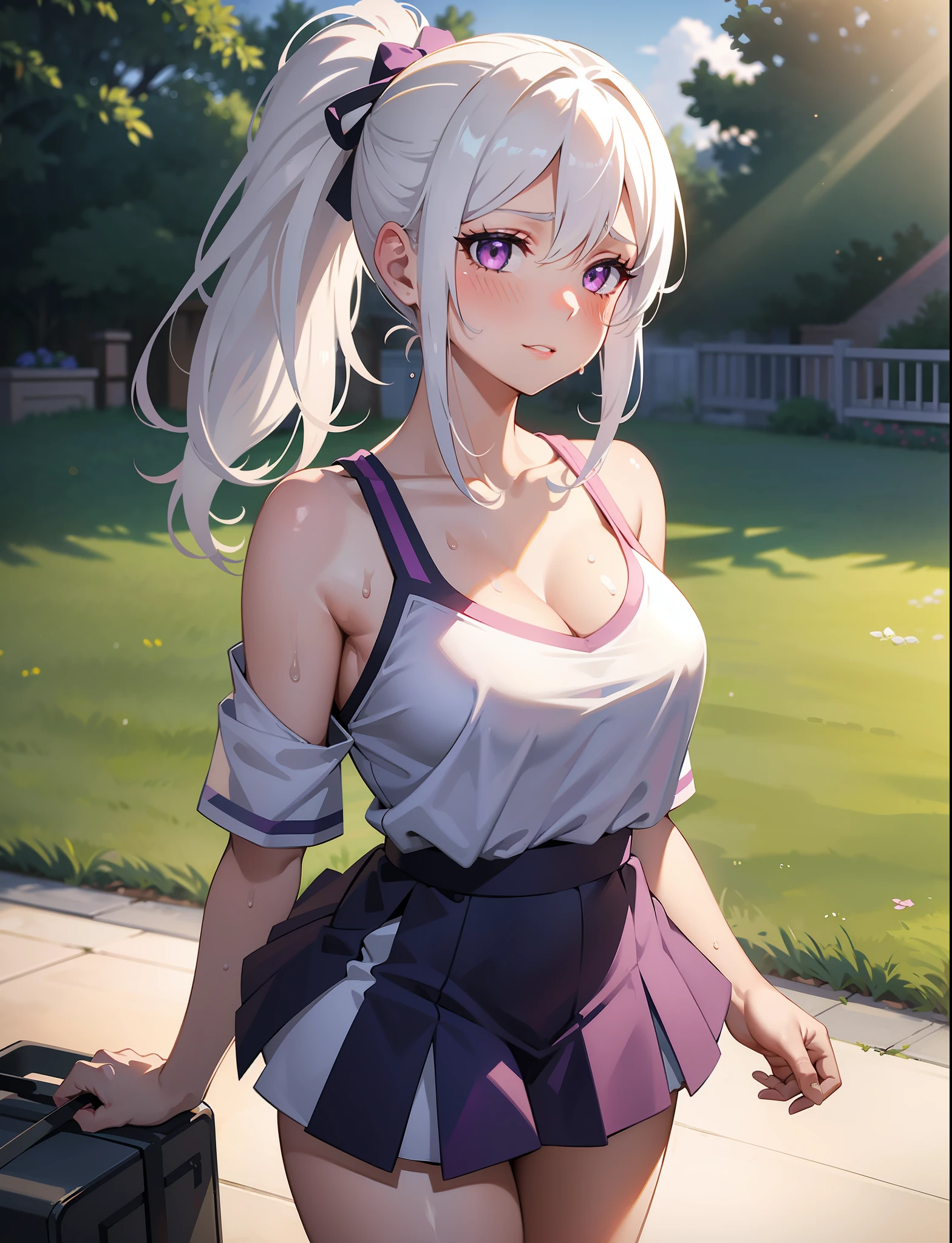 realistic, 1girl, ponytail, parted lips, blush, makeup, light smile, white hair, sportswear, skirt, wet clothes, glow, thighs, purple eye, bare shoulders, collarbone, narrow waist, sunbeam, sunlight, rose, wind, cleavage, (masterpiece), sweat,