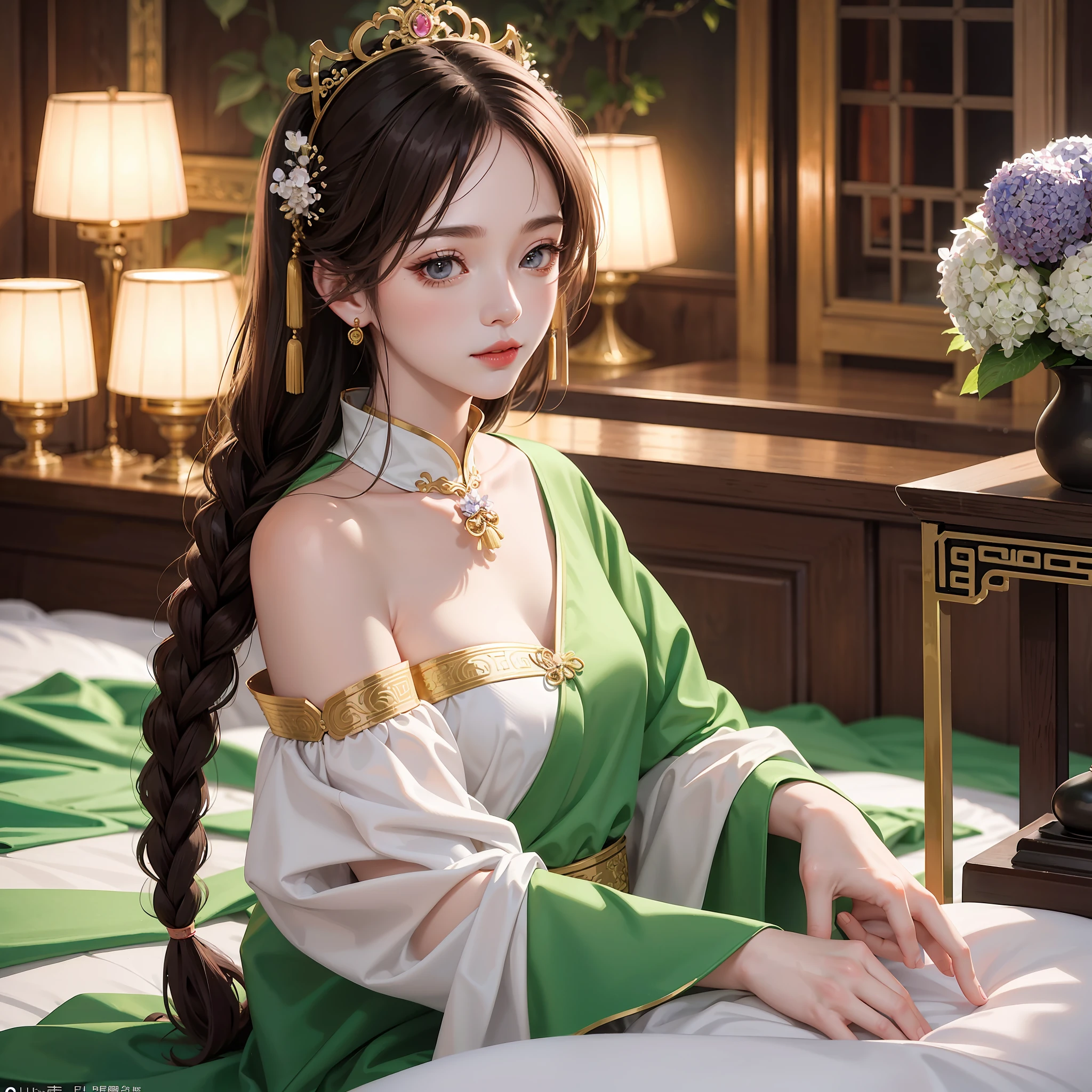 Masterpiece: The Best Night Full Moon 1 Female Mature Chinese Style Ancient Chinese Sister Royal Sister Smile Brown Hair Princess Cut Single Twist Braid Double Pill Head Light Pink Lips, Calm, Intellectual, Medium Hair, Green Eyes, Hairpin, Hydrangea,