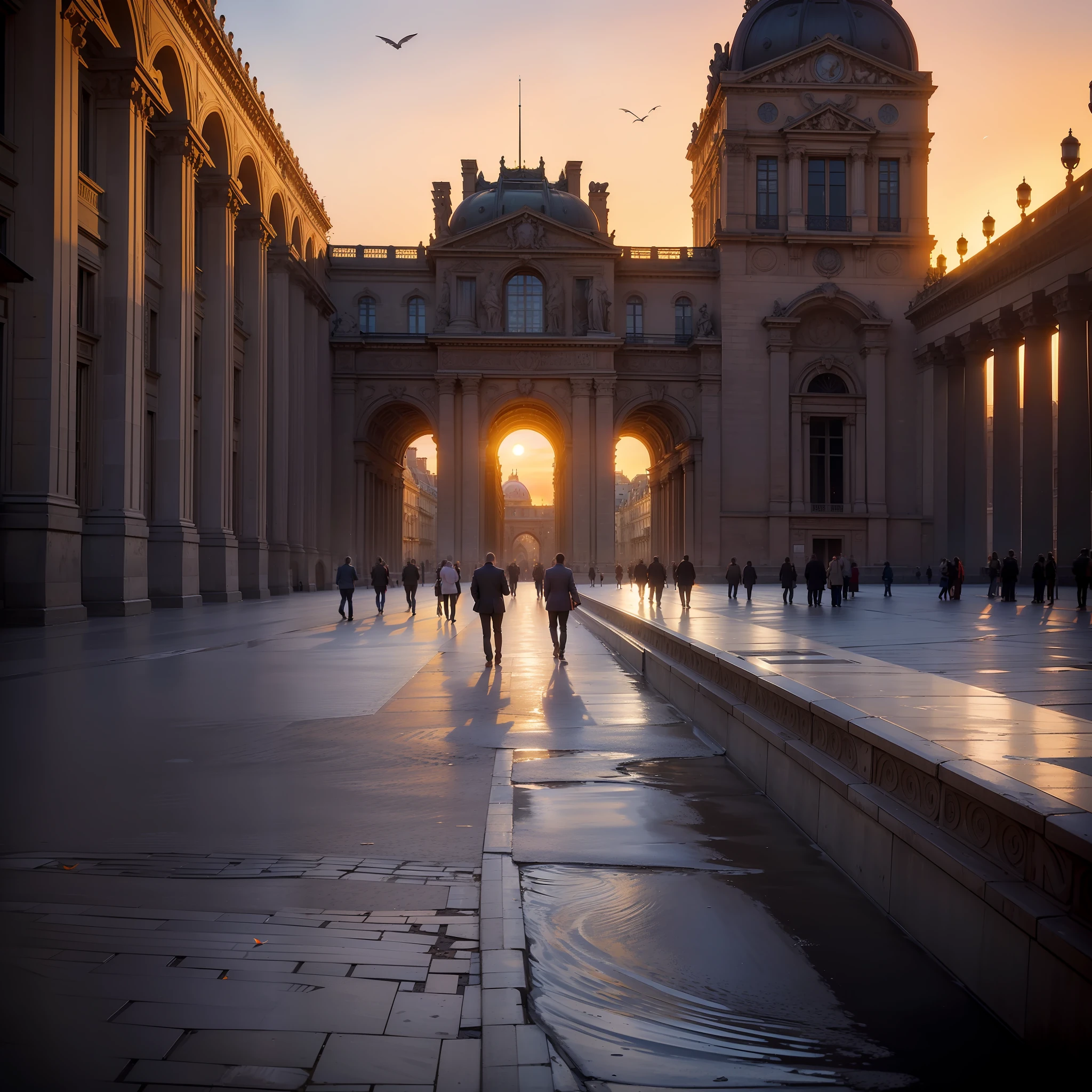 (Description: Beautiful Late Afternoon + at the Louvre in Paris, Sunset Street), (Paris style + French architecture), (High Quality + Best Lighting), (Beautiful Sunset) (blue / orange / red sky + birds), (Dynamic angles + continuous path), (Nostalgic + memory style + twilight), (main frame: street + building) +( empty streets, no people and no cars, just the beautiful architecture of Paris for contemplation)+(feeling of peace and tranquility).
