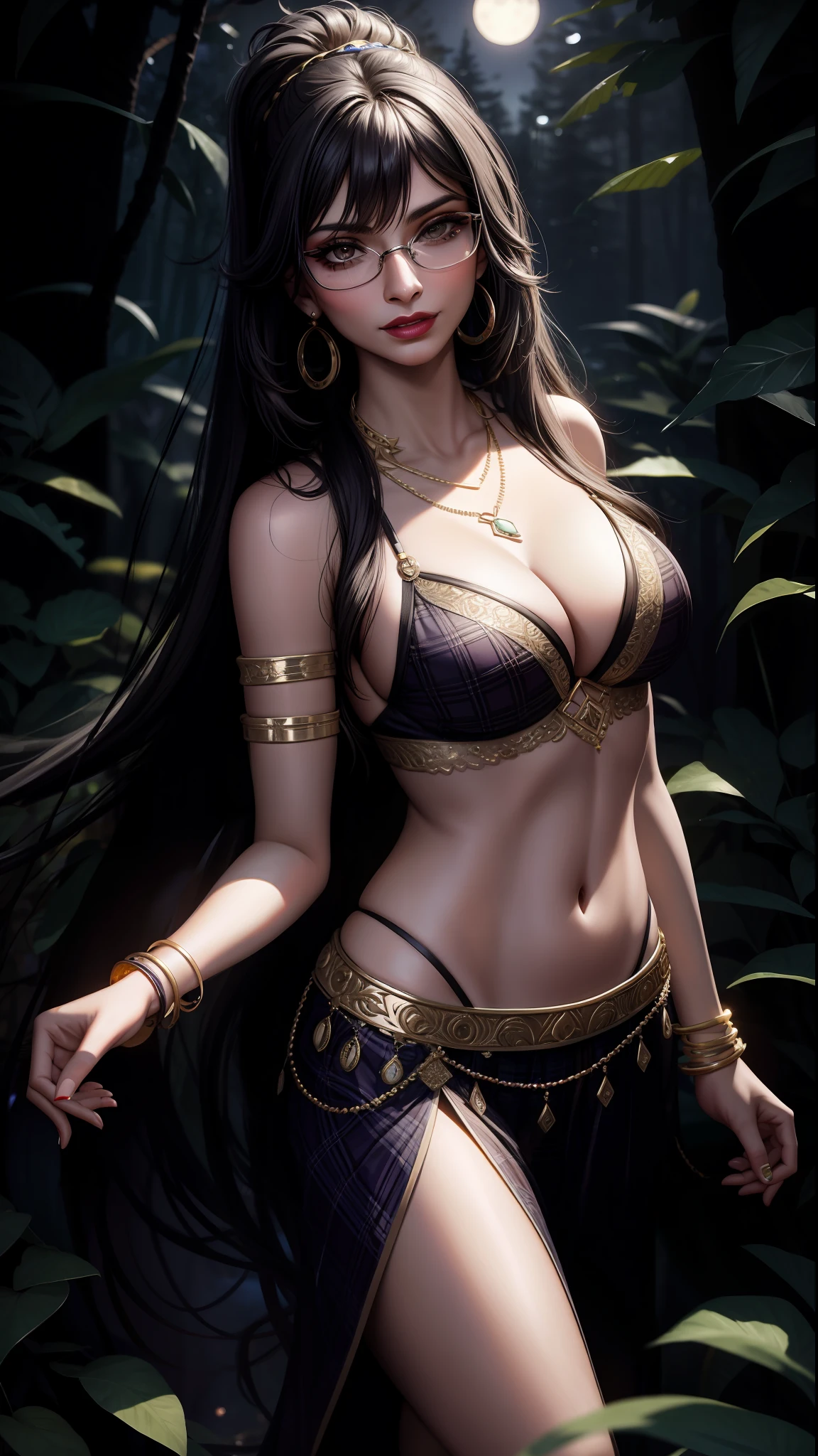 Mia Khalifa, best quality, masterpiece, high detail, semi-realistic, higher face resolution, adult, woman, woman dancing in moonlit forest between nuens, ancient, night, plaid lingerie, serene place, very seductive posture, necklace, earring, red lipstick, bracelets, hair ornament