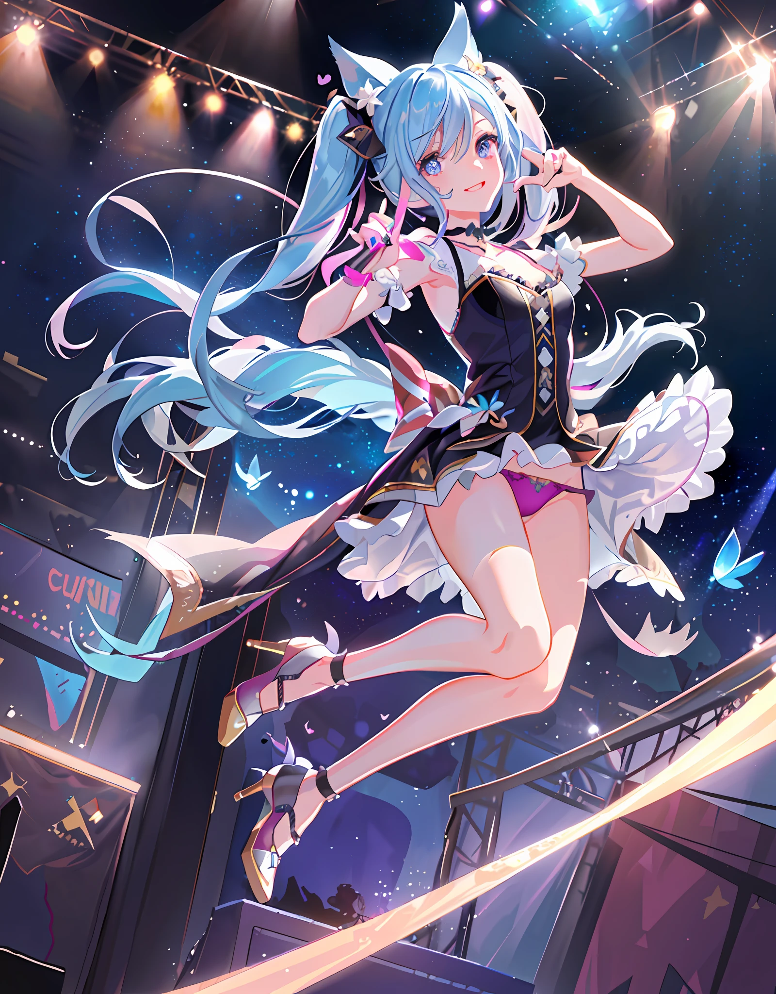 Illustration, cinematic light, high resolution, best quality, super detailed, detailed face, (detailed eyes), highest quality, super detail, masterpiece, (detailed face), pretty face, beautiful smile, sexy mature woman transparent (torn) cloth, floating cloth, goth , choker, open cloth, NSFW, high heels, blue eyes, neon small shining hair edges, AI fantasy concert, outdoor live, Shining professional lighting with neon details, idle, (portal: 1.15) in the background audience seats, reflection of light, heart-shaped iris, playful eyes, open shoulders, (wet body), small glowing butterfly, hair jewelry, perfect human hands, super perfect human fingers, upper body, one girl, smile, wolf ears, wolf tail, pink eyes, hairs between eyes, ((((wink))), D cup, cleavage, Striped hair, ((((Variegated hair color: 1)))), variegated hairstyle: 1, twin tails, idol costumes, professional designers, ruffled dresses, love live, jewelry, backstage, best stage, best stage, climax, professional stage, (((Holding the microphone in your left hand and singing emotionally, overflowing emotions, the best smile))), singer, vocalist: 1, idol, diva, professional stage, Professional lighting, live lighting, distraction, fan service: 1, ((((satellite photo seen from the audience)))), ((((Panchira, cute panties))))