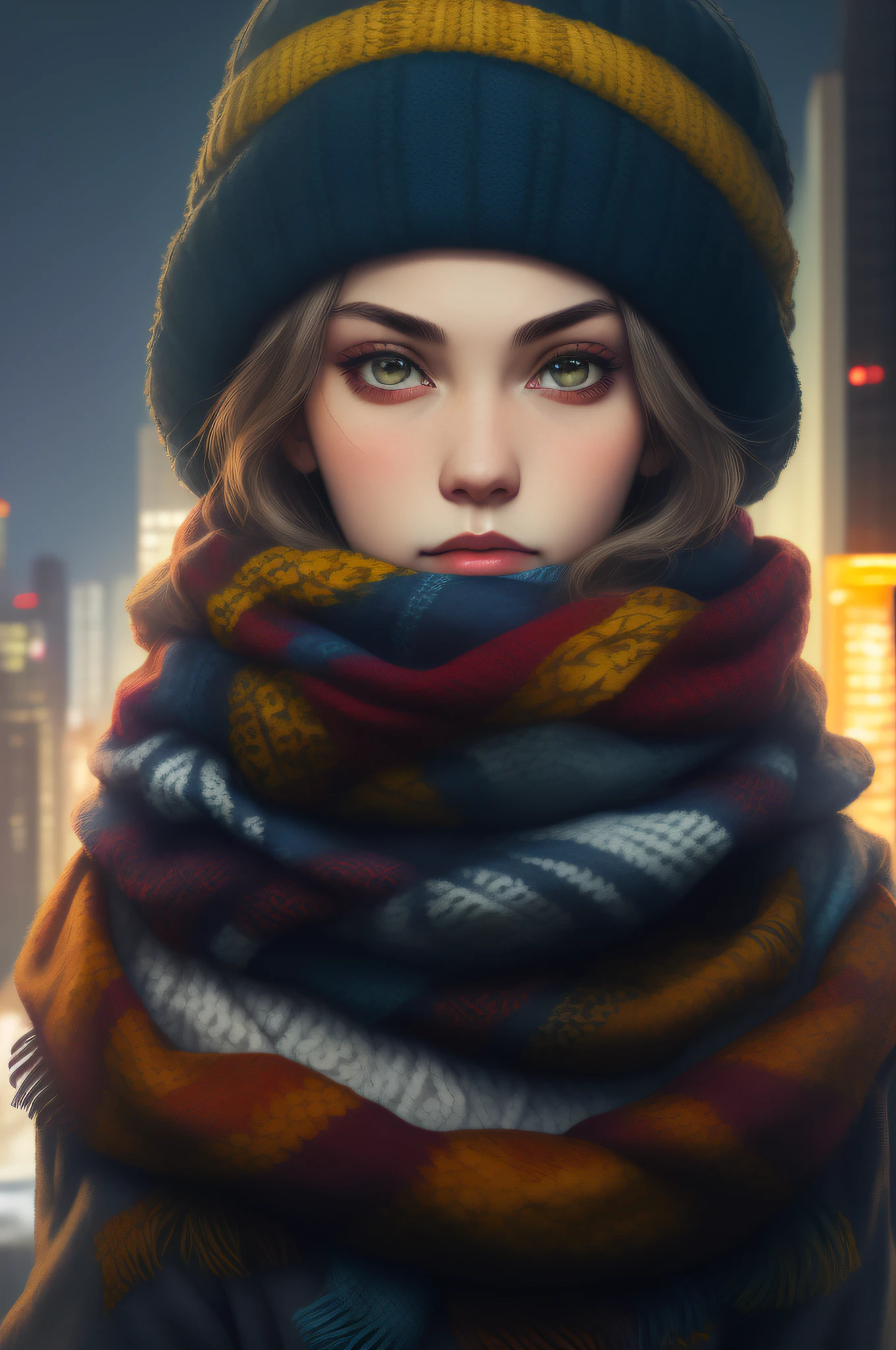 artgerm, 1girl, masterpiece, detailed, shirt, looking at viewer, hat, portrait, long scarf, solo,  night,