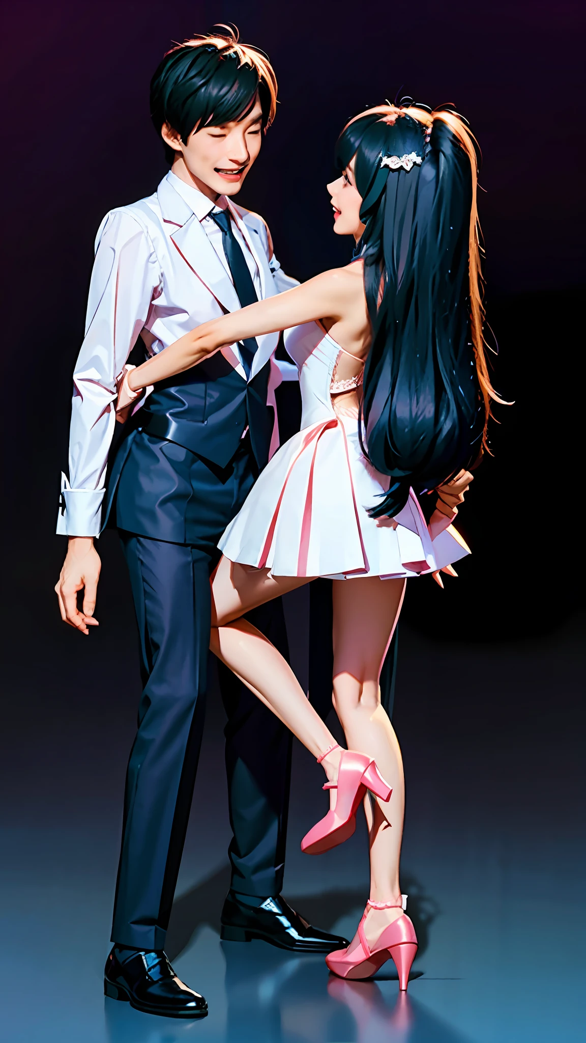 cartoon of a man and woman in formal attire standing next to each other, couple pose, dancing with each other, dancing in the background, doing an elegant pose over you, couple dancing, elegant pose, doing an elegant pose, mikudayo, cute elegant pose, stylish pose, yandere. tall, standing elegant pose, anime pose, anime styled 3d