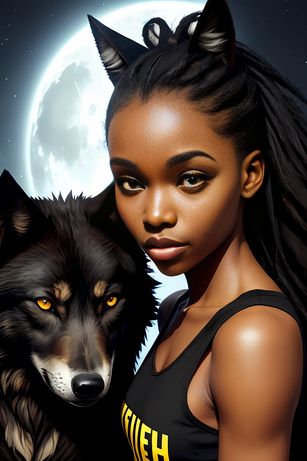 A 20-year-old black woman, ponytail with fringes, yellow eyes wearing a black top with a wolf sitting next to her, award-winning digital art, (extremely detailed:1.5), (soft lighting:1.2)