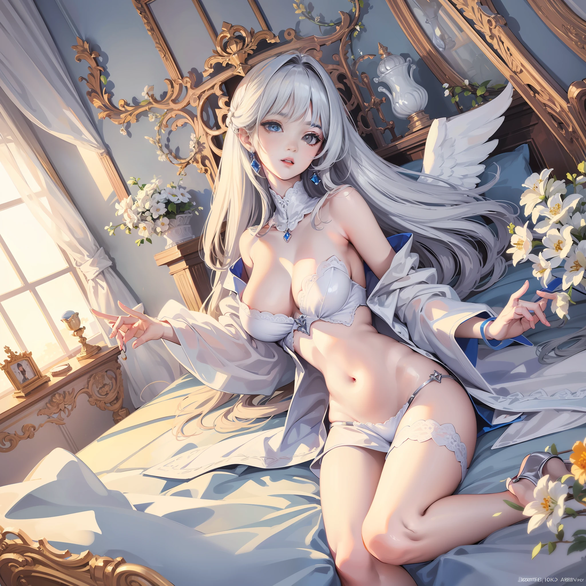 A woman, masterpiece masterpiece, super fine photo,, best quality, super high resolution, photorealistic realism, sunlight, full body portrait, amazing beautiful angel, beauty, masterpiece, super fine photo, anime style, best quality, super high resolution, photorealistic photorealism, full body portrait, amazing beauty, perfect figure, blue eyes, super detail, lying on bed, legs spread, beautiful face of details, silver white hair, light blue eyes