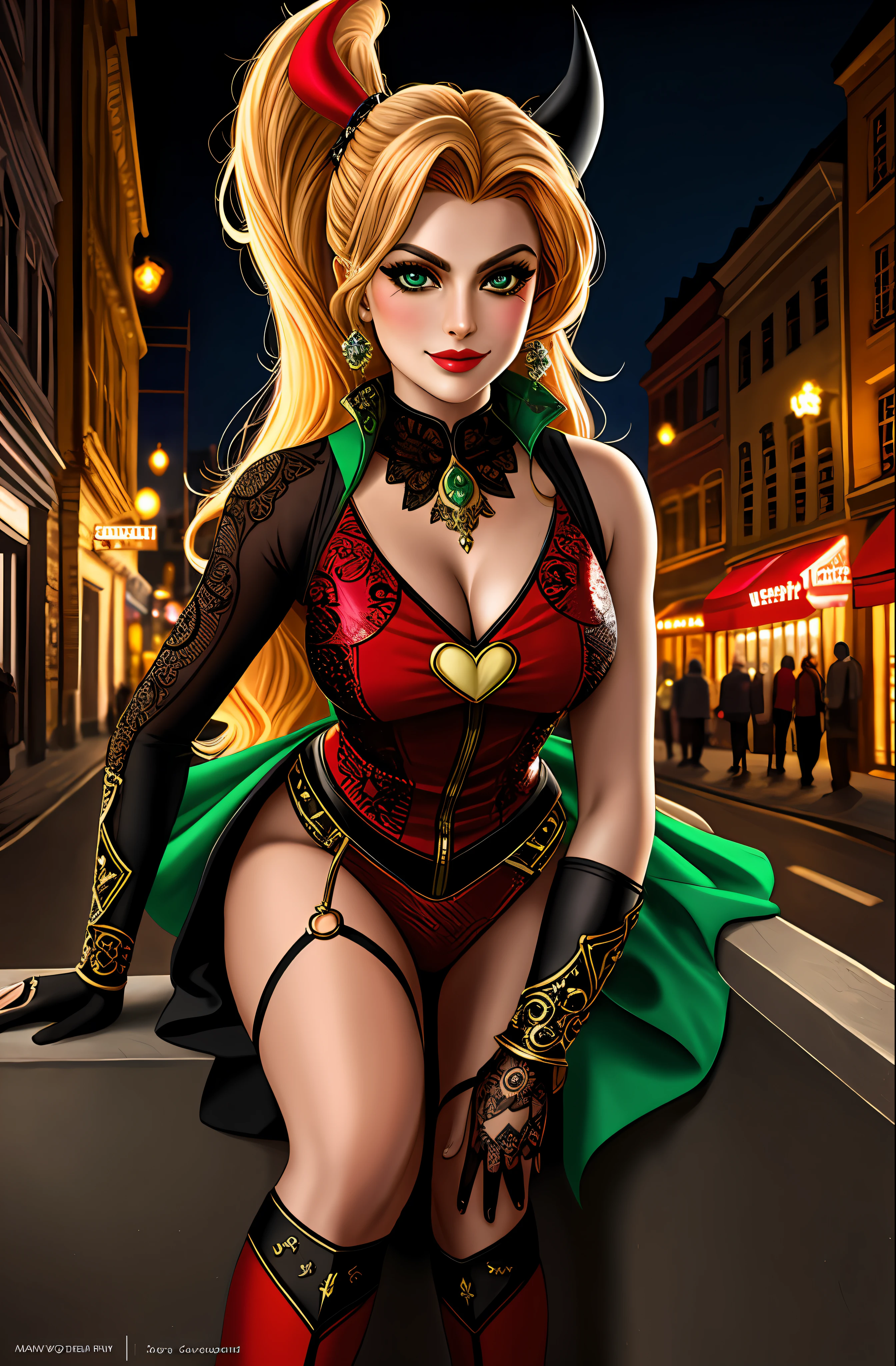Eva Mendes Harley Quinn of DC Comics beautiful Hungarian woman, intricately decorated, realistic rendering Character design, photorealistic, unreal mechanism, hyperdetailed. ((best quality)), ((masterpiece)), ((realistic)), (detailed), close-up portrait, full-body portrait, green eyes, black and red costume, highly detailed skin and hair, looking at the viewer, stunning gradient colors, sadistic smile, detailed background, city at night, detailed mouth, incredibly detailed, ((masterpiece)), absurdities, HDR.