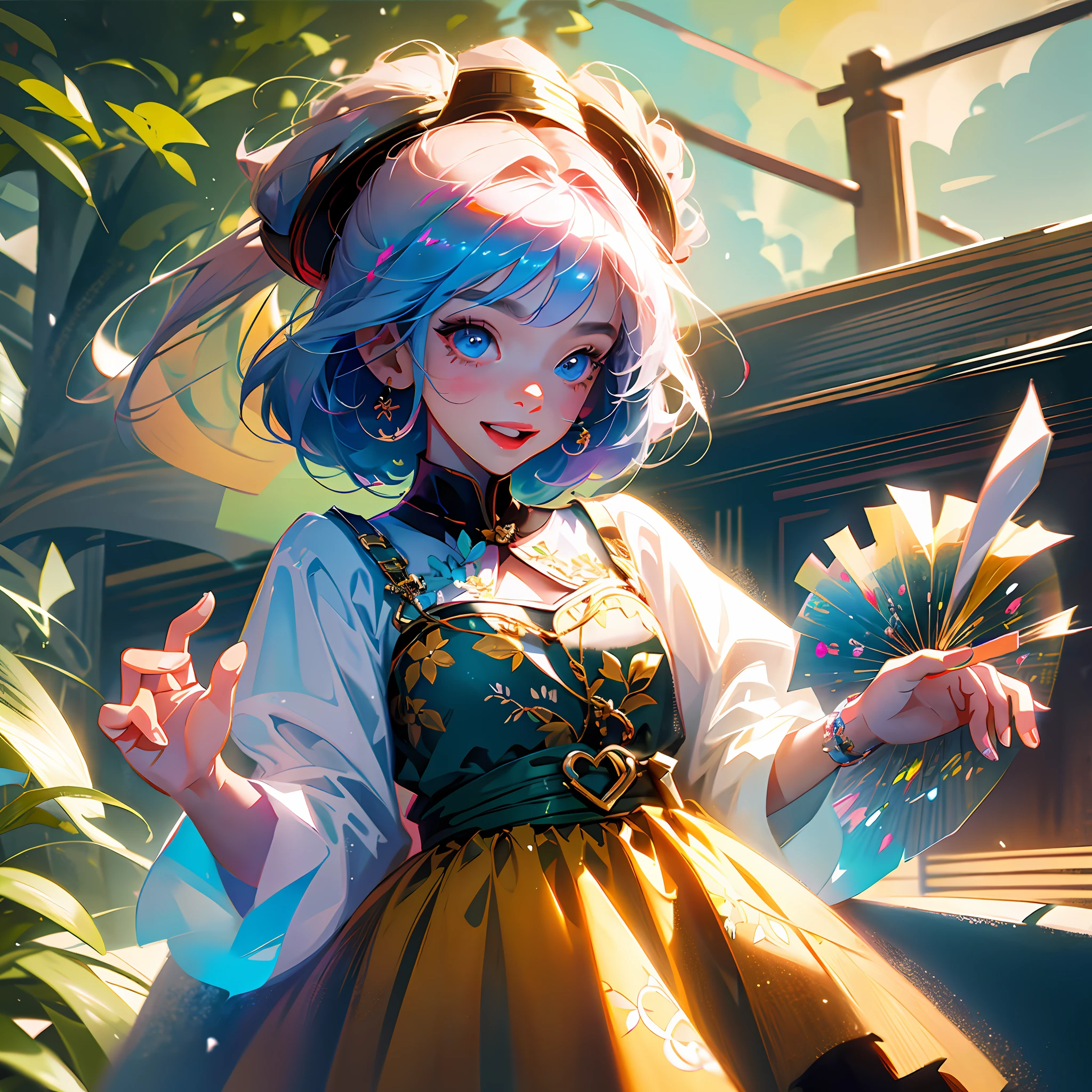 anime girl with blue hair and a yellow dress holding a fan, artwork in the style of guweiz, digital anime illustration, guweiz on pixiv artstation, guweiz on artstation pixiv, rossdraws cartoon vibrant, anime style illustration, anime fantasy illustration, anime styled digital art, alphonse mucha and rossdraws