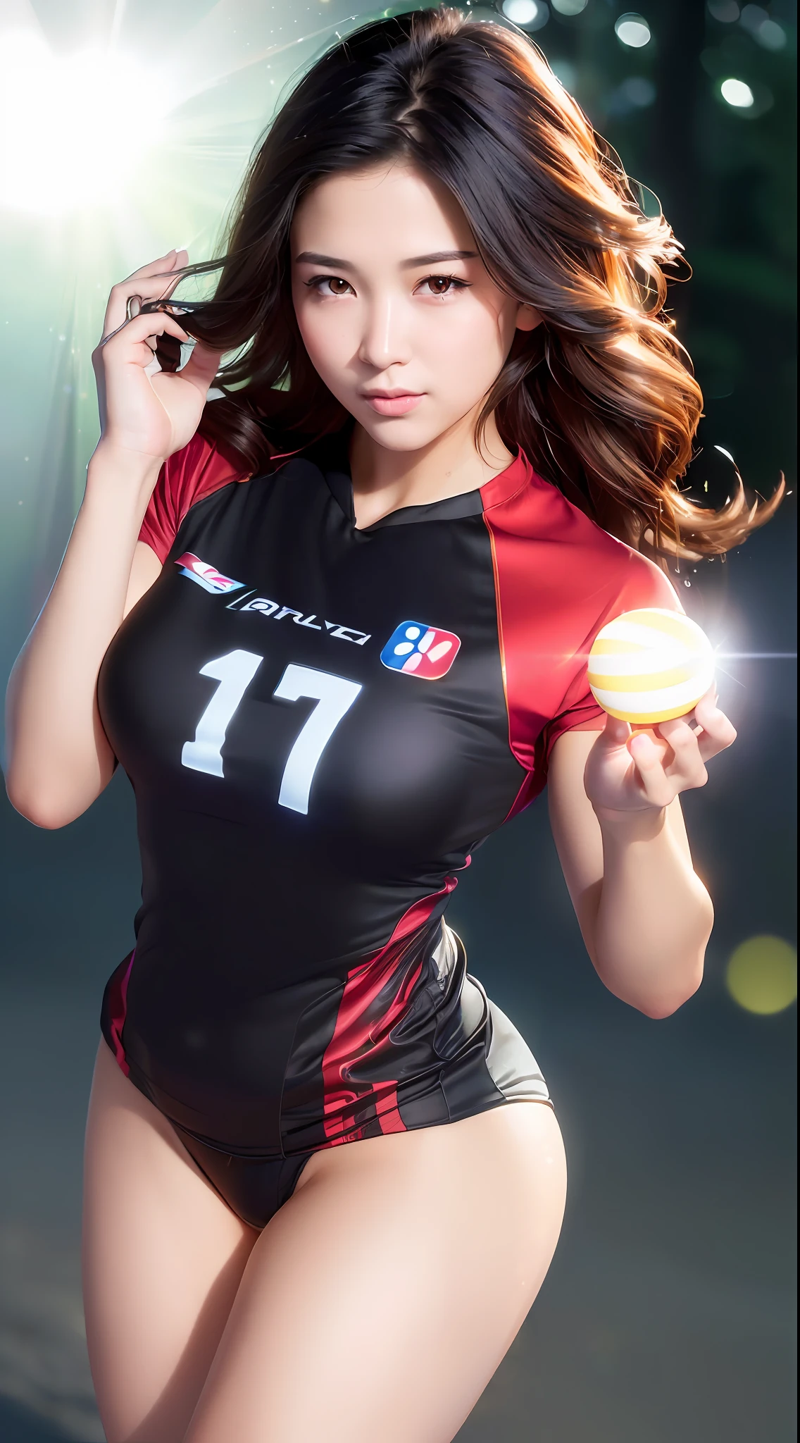Top Quality, Photorealistic, Masterpiece, 8K, High Definition, Solo, 1 Girl, ((Female))), (Medium-breasted), ((Viewer), (Look at Camera), (Medium Hair), (Professional Lighting), Top Angle View, Highly Detailed Face, Fashionable and Trendy Atmosphere, Taiwan, (((Daytime)), (Volleyball Uniform: 1.5), ( Portrait: 0.6), seductive smile, gorgeous floating hair, (light particles, lens flares, glowing particles: 0.6), (dynamic pose: 1.2), soft lighting, black hair, standing, tight and viscous outfit