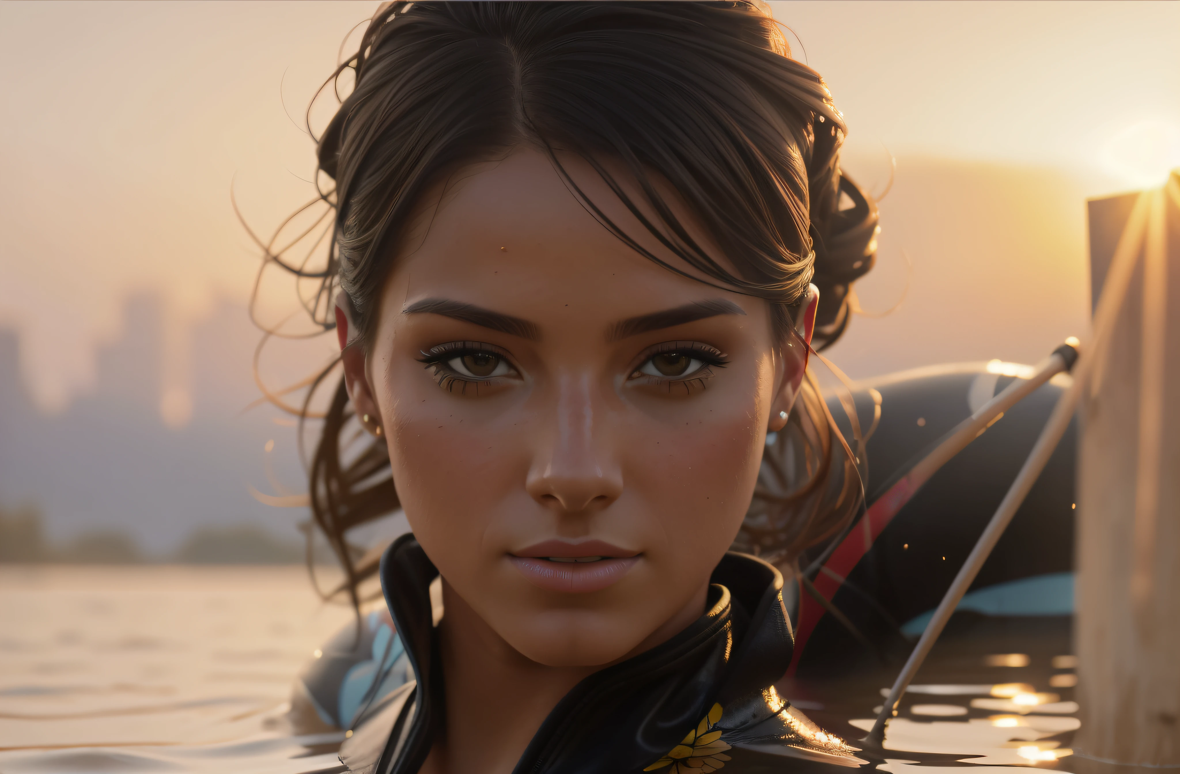 A closeup of a woman in a graffiti wetsuit close-up portrait of a beautiful woman (gldot) bathing in a river, reeds, (backlight), realistic, masterpiece, high quality, lens reflection, shadow, flower, [[chromatic aberration]], by Jeremy Lipking, by Antonio J. Manzanedo, digital painting,