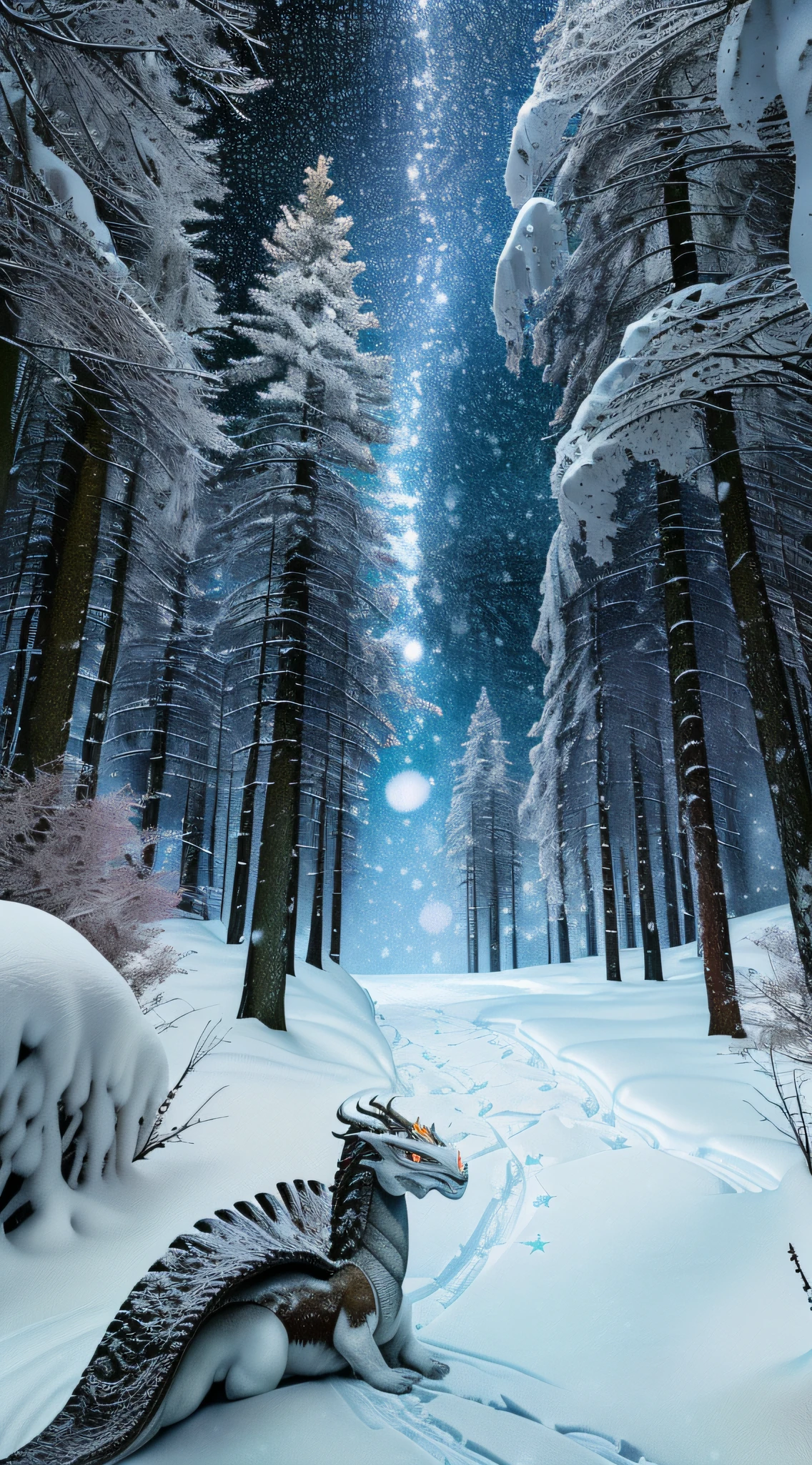 "(((Masterpiece))), better quality, better framing, ultra-detailed, medieval style, Skyrim style, high resolution, ((Realistic)), ((8K)), dim light, ((snowing night): 1.5), (Dense forest with snow on the ground), ((sky with many stars) and (a dragon flying in the distance in the sky))): 0.7"