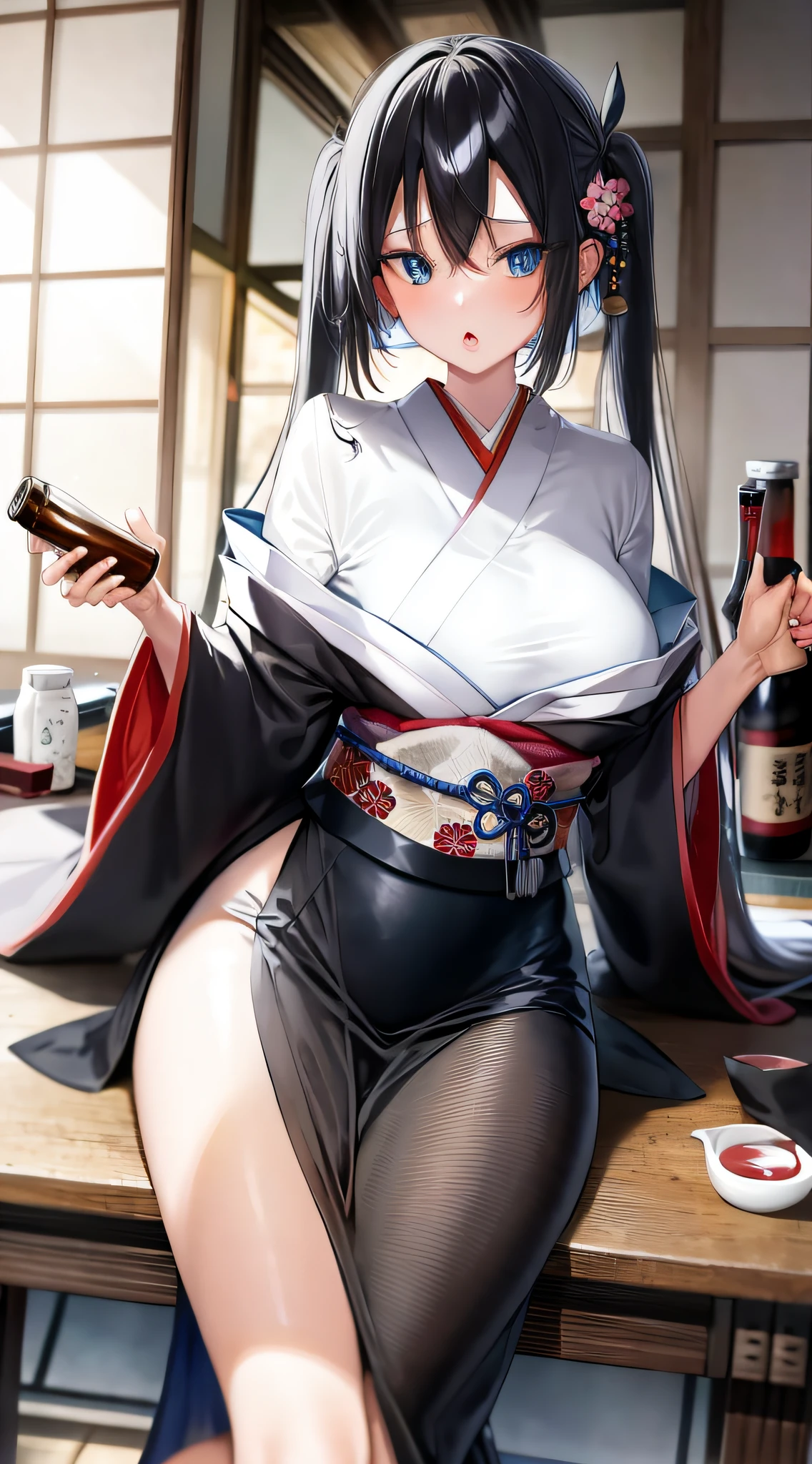 masterpiece, best quality, 1girl, alcohol, bangs, blush, breasts, cup, eyebrows_visible_through_hair, hair_between_eyes, hair_ornament, japanese_clothes, kimono, long_hair, long_sleeves, looking_at_viewer, open_mouth, (silver_hair:1.1), sake, sake_bottle, sitting, solo, thighs, very_long_hair, wide_sleeves, twintails, ,