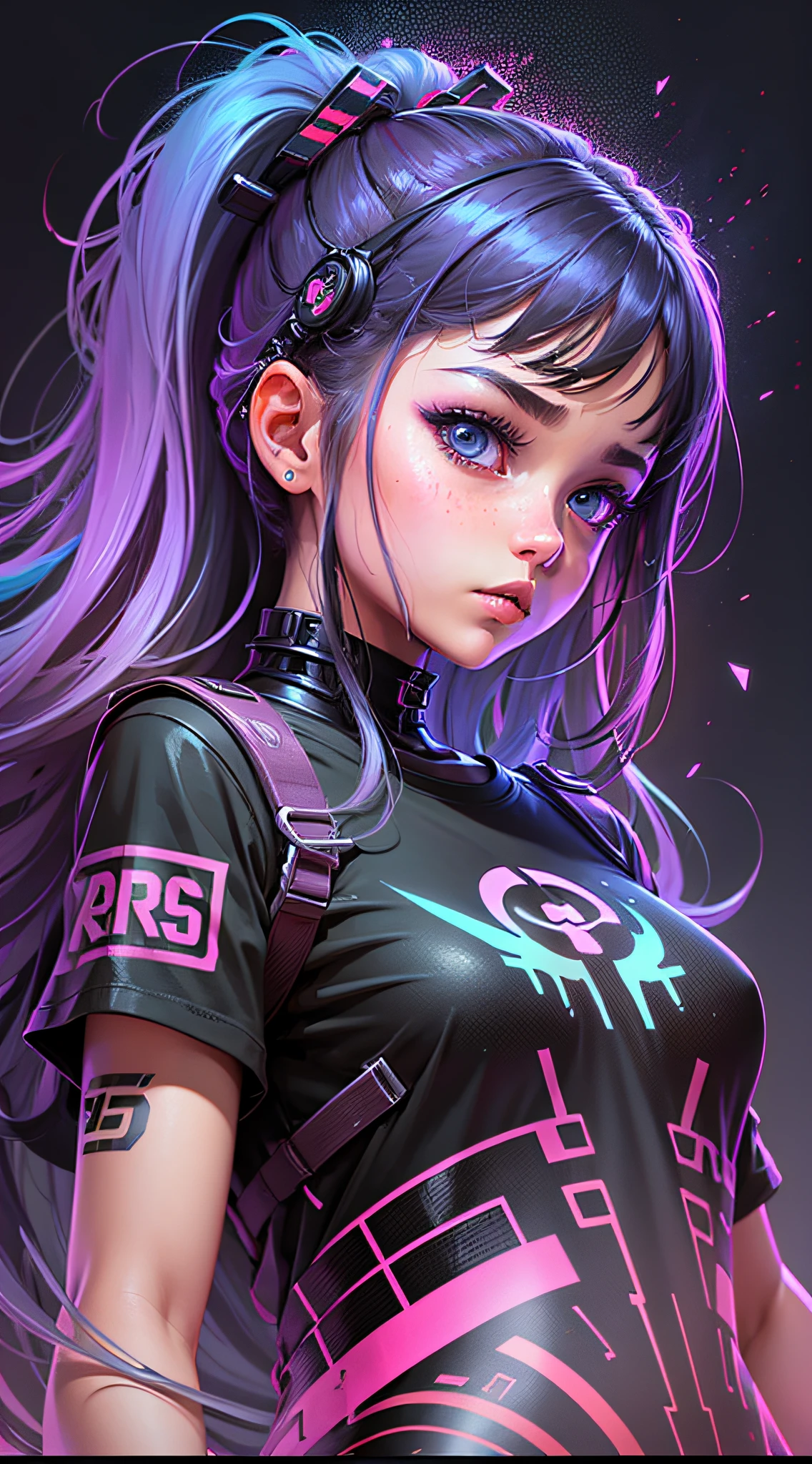 a young girl, t-shirt art cyberpunk, vector, 2d illustration, dark background, very colorful gradient, centered, front view, hyperdetalled --auto --s2