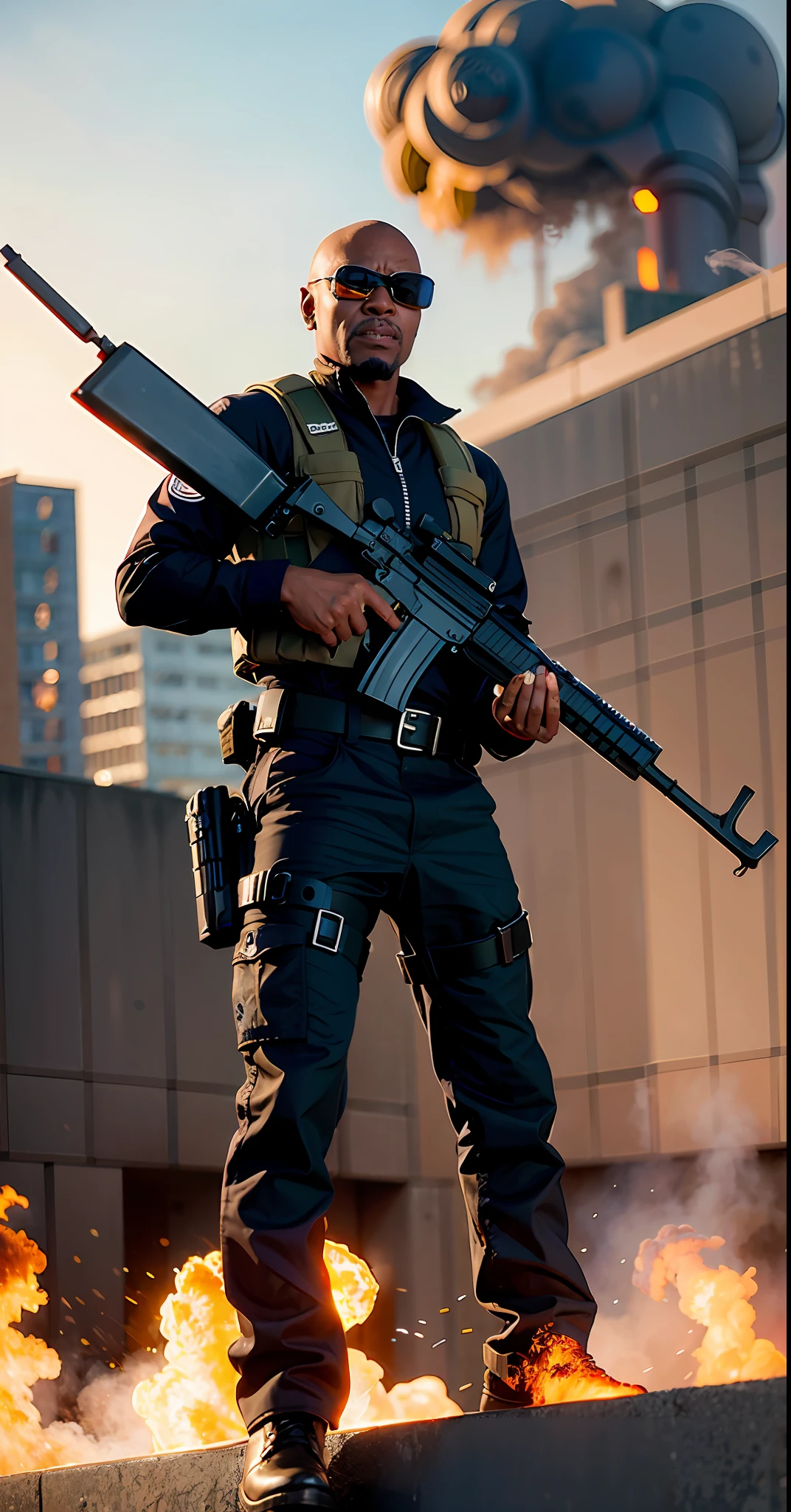 Hyper realistic, Nick Fury, Marvel, shooting with an Ak 47, in a war environment, destroyed city, intricate details, fighting with the skruls, secret invasion, diffused light, lots of smoke, fire, 8k