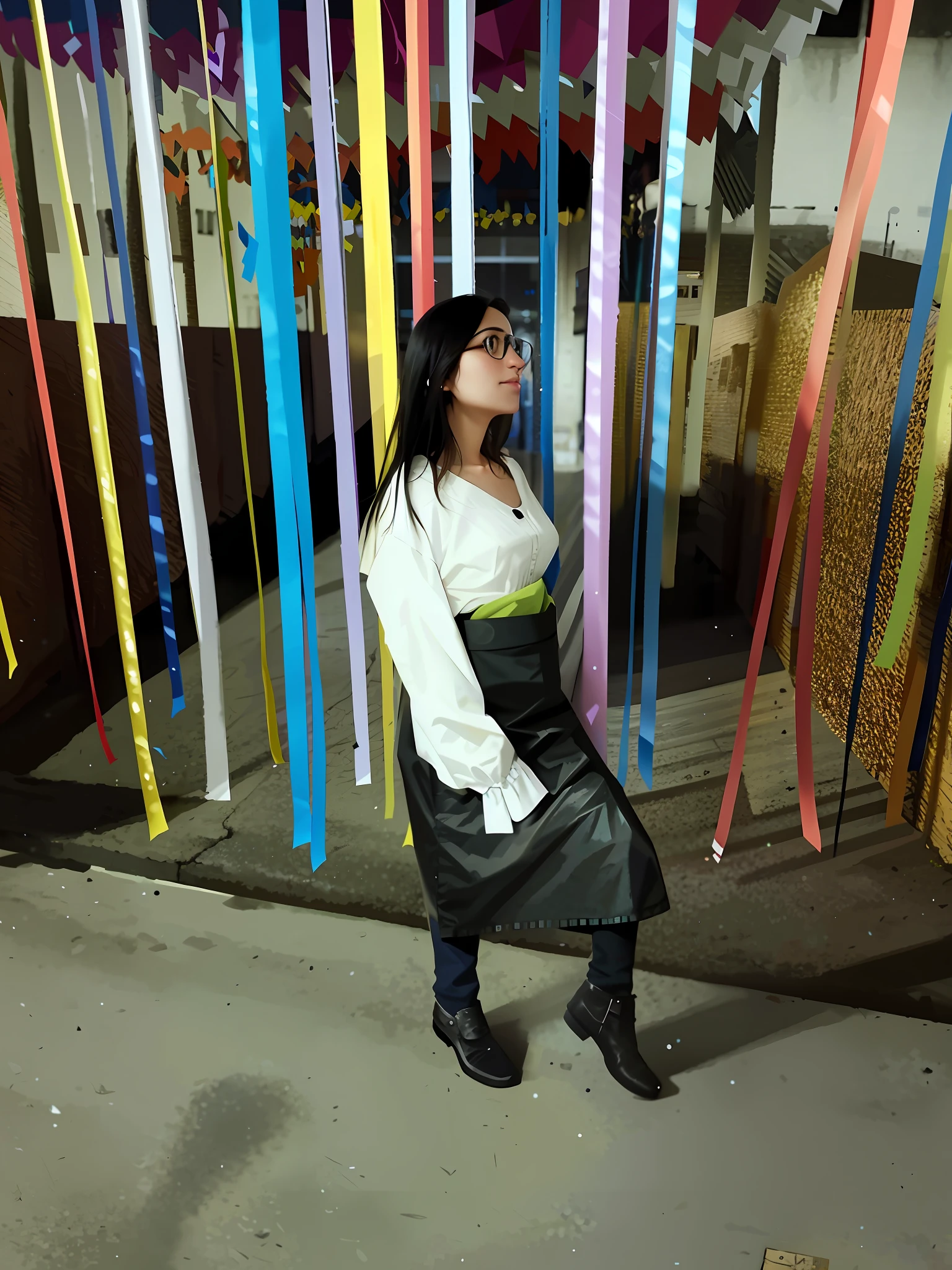 there is a woman standing in front of a wall of ribbons, profile shot, lorena avarez, low quality photo, profile image, taken with canon 8 0 d, taken with a canon eos 5 d, taken with a canon eos 5d, dressed with long fluent clothes, captured with sony a3 camera, taken in the night