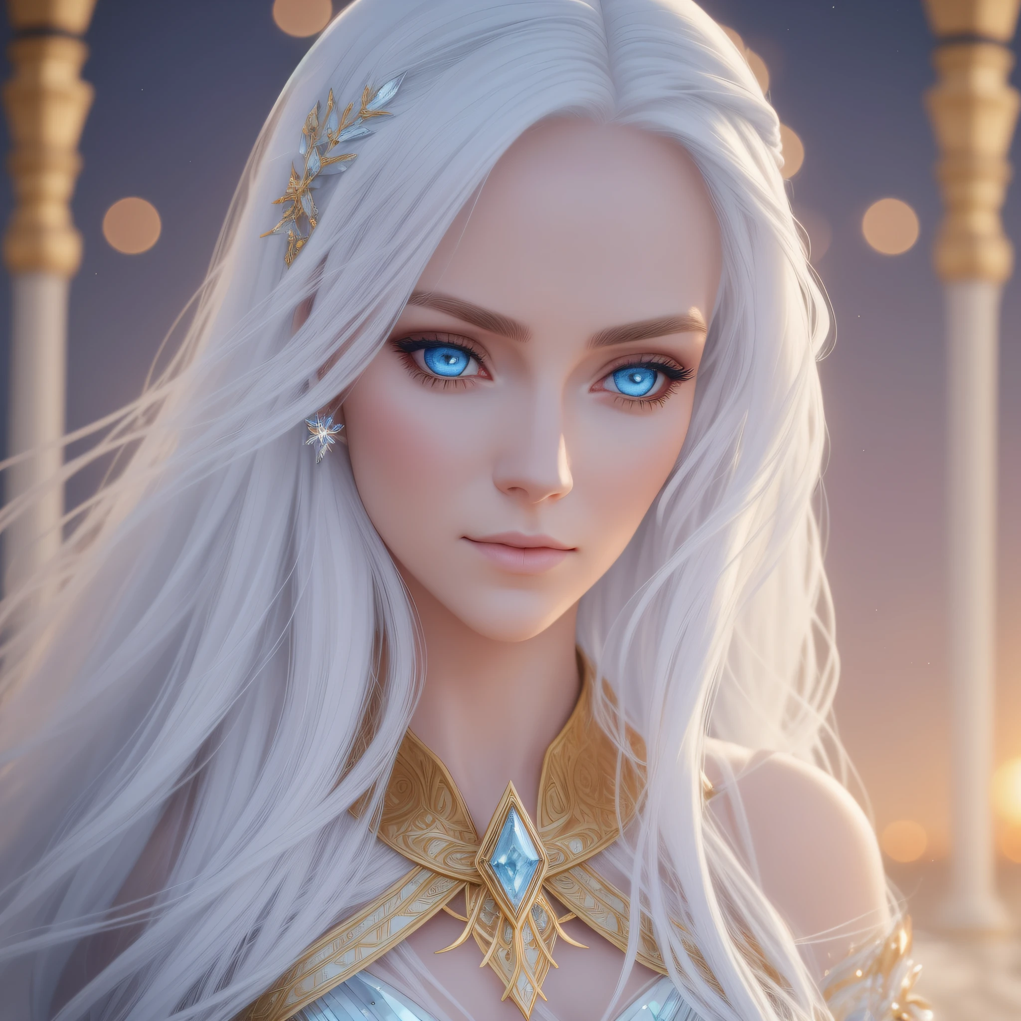 A beautiful woman with blue eyes and long white hair and white dress with full body gold detail in the background in scenery with mystical ice queen a sunset, clear facial features, well detailed eyes, perfect face and perfect body, cinematic, intricate, 35 mm lens, f/1.8 enhancement lighting, ultra realism of global lighting,  Very beautiful. --auto --s2