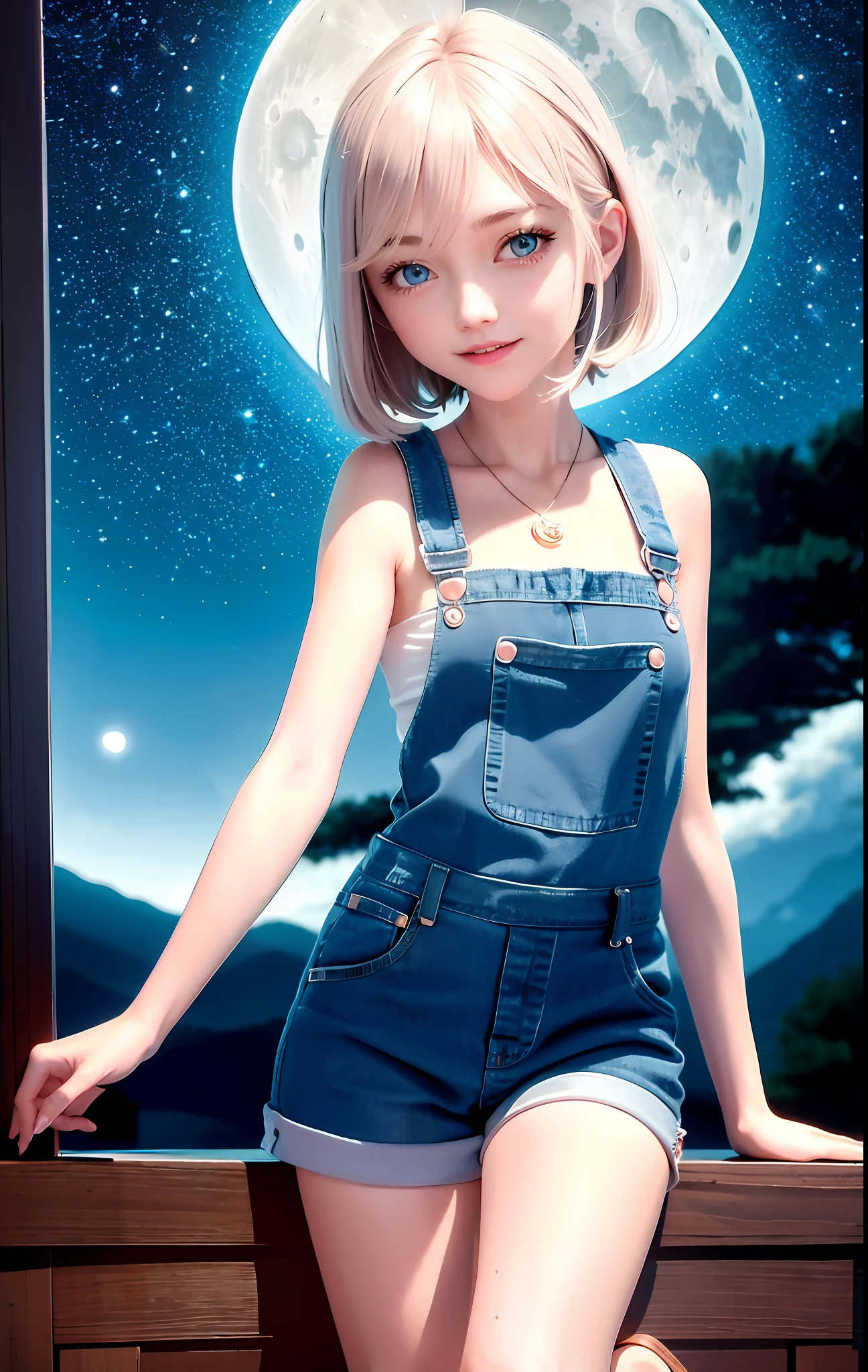 1 girl, cheerful expression, detailed whole body, vampire smile, mesmerizing blue eyes, short straight hair, sexy wine overalls, balanced posture, porcelain skin, subtle blush, golden crystal ocean heart pendant, (rim lighting): 1.2, warm tones, moon reflection, soft shadows, vibrant colors, pictorial effect, dark atmosphere, distant mountains, scary trees, calm water,  reflection, moonlit clouds, tranquil environment, idyllic moonlight, ultra detailed, official art, 8k unit wallpaper, zentangle, mandala