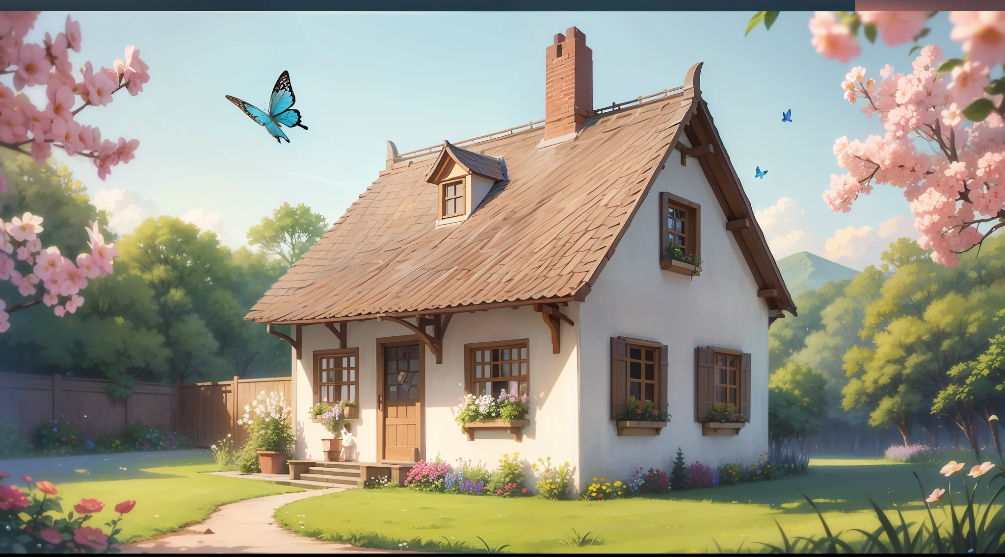 Watercolour. Rural landscape having a beautiful family home in the center. Small house, ground floor, with balcony in front and flowered garden. With birds and butterflies flying. (mess-house: 0.8), (masterpiece: 1.2) (Realistic: 1.2) (Bokeh) (Best quality) (Detailed Leather: 1.3) (Intricate Details) (8K) (Detail Eyes) (Sharp Focus), (Happy) --auto --s2