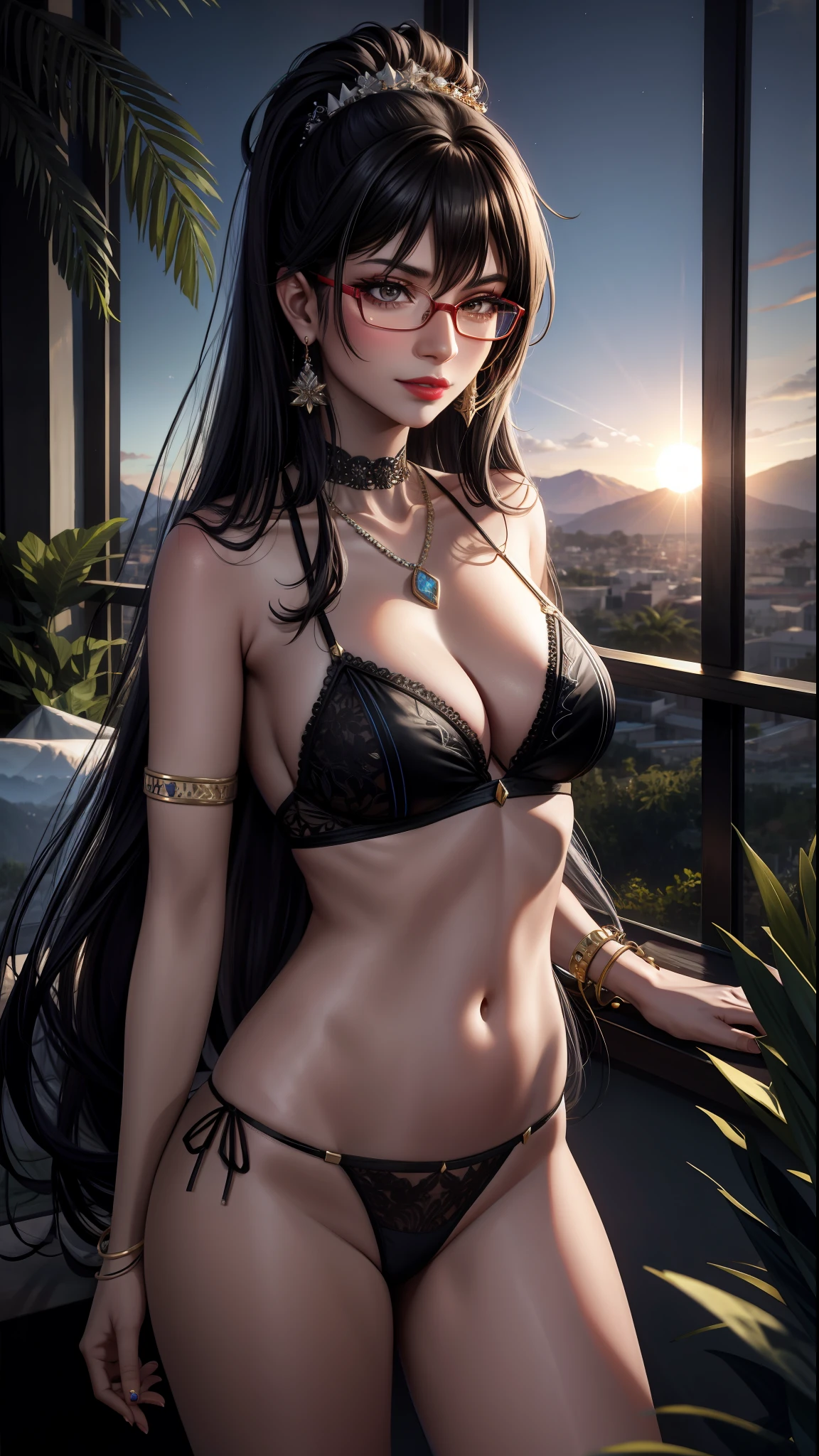 Mia Khalifa, Lora, best quality, masterpiece, hyper-realistic, high detail, semi-realistic, 8k, cheerful face, higher face resolution, adult, woman, woman dancing at sunset in backyard with hills in the distance and plants, old, night, red lingerie with silver, serene place, very seductive posture, choker, necklace, earring, blood red lipstick, bracelets, hair ornament